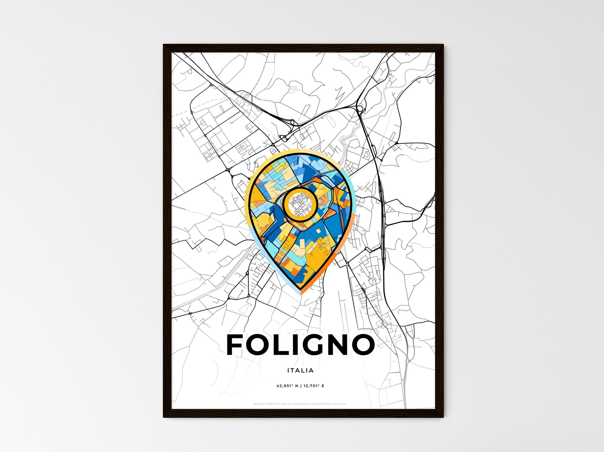 Foligno Italy wedding art map with pointer icon