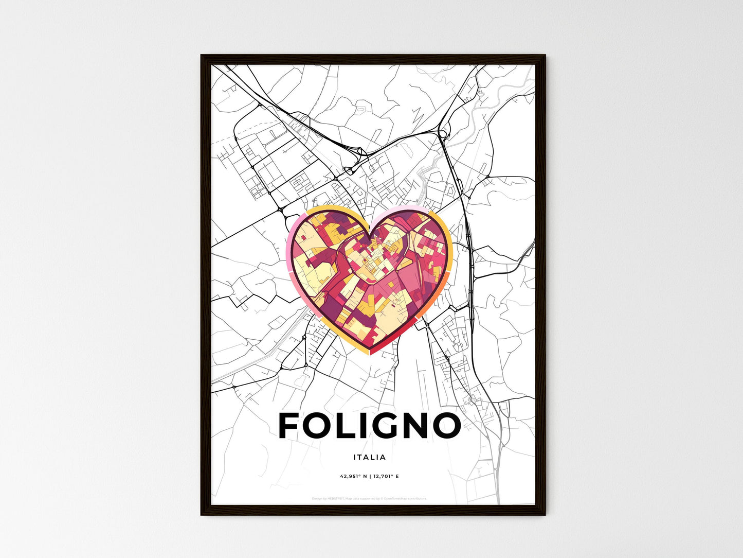 Foligno Italy wedding art map with heart icon
