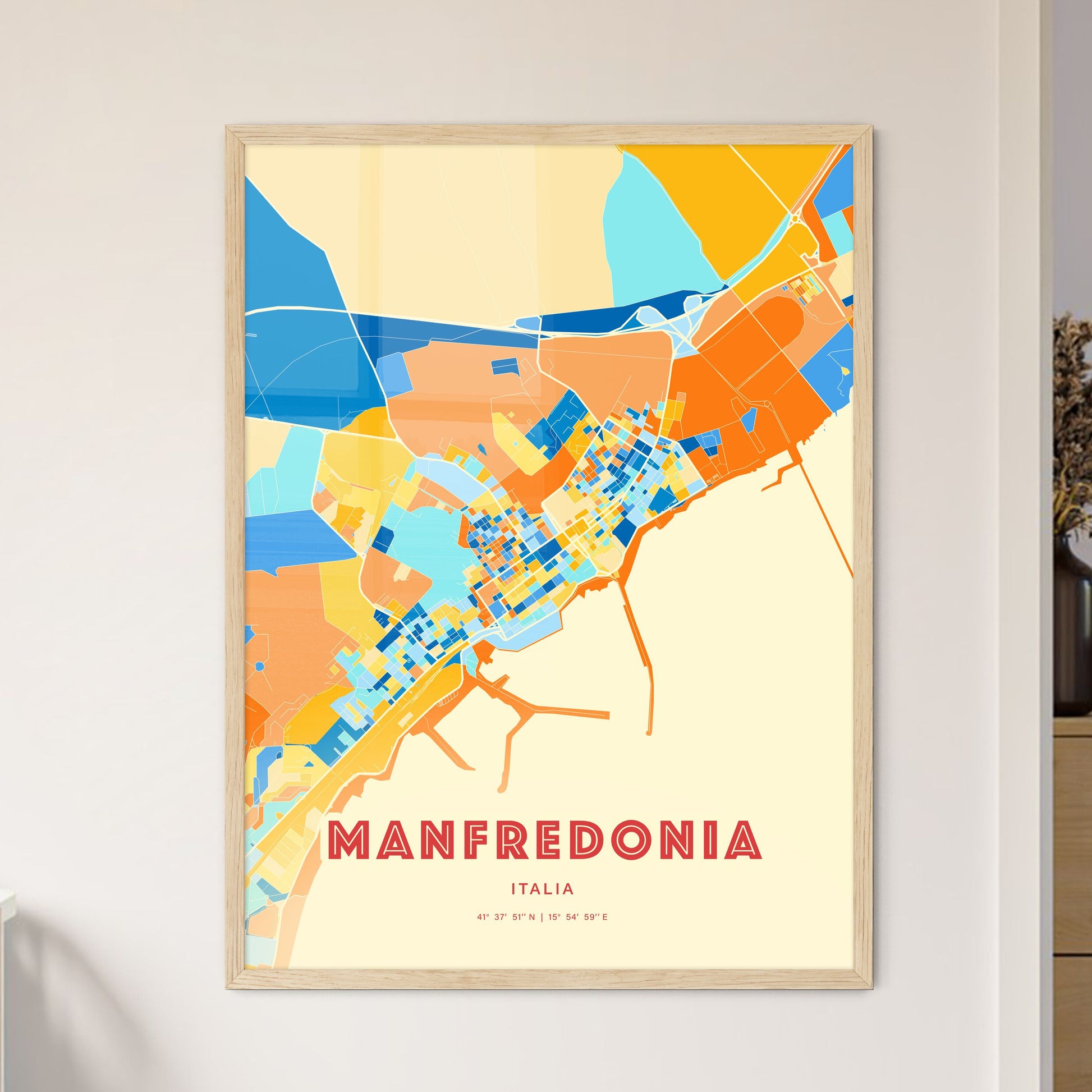 Colorful Manfredonia Italy Fine Art Map Blue Orange