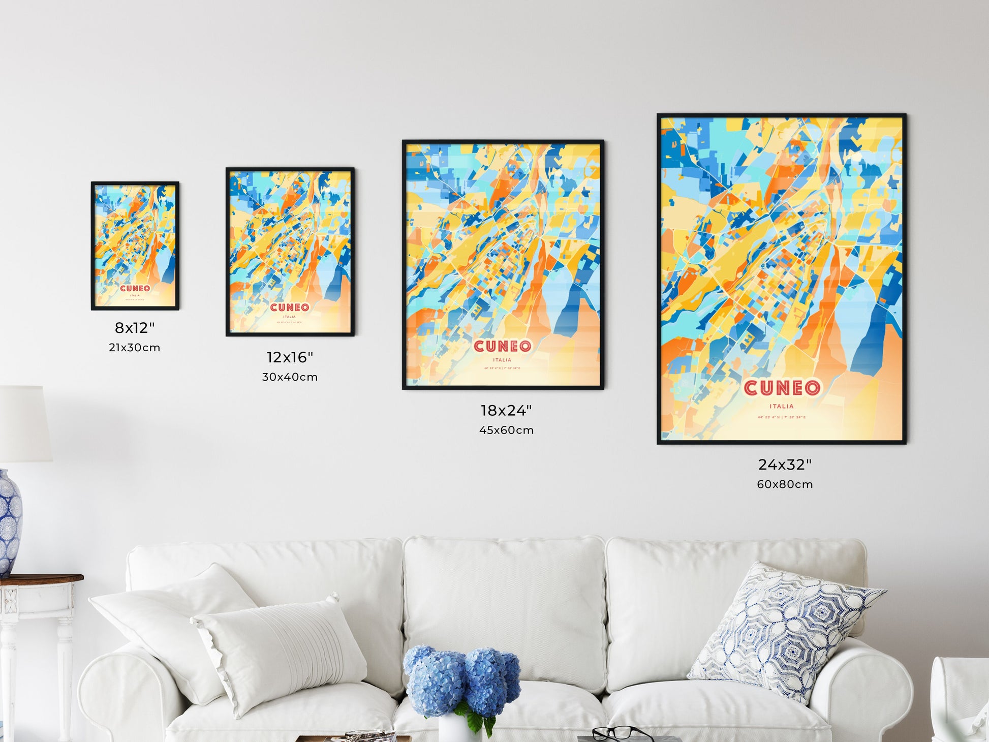 Colorful CUNEO ITALY Fine Art Map Blue Orange