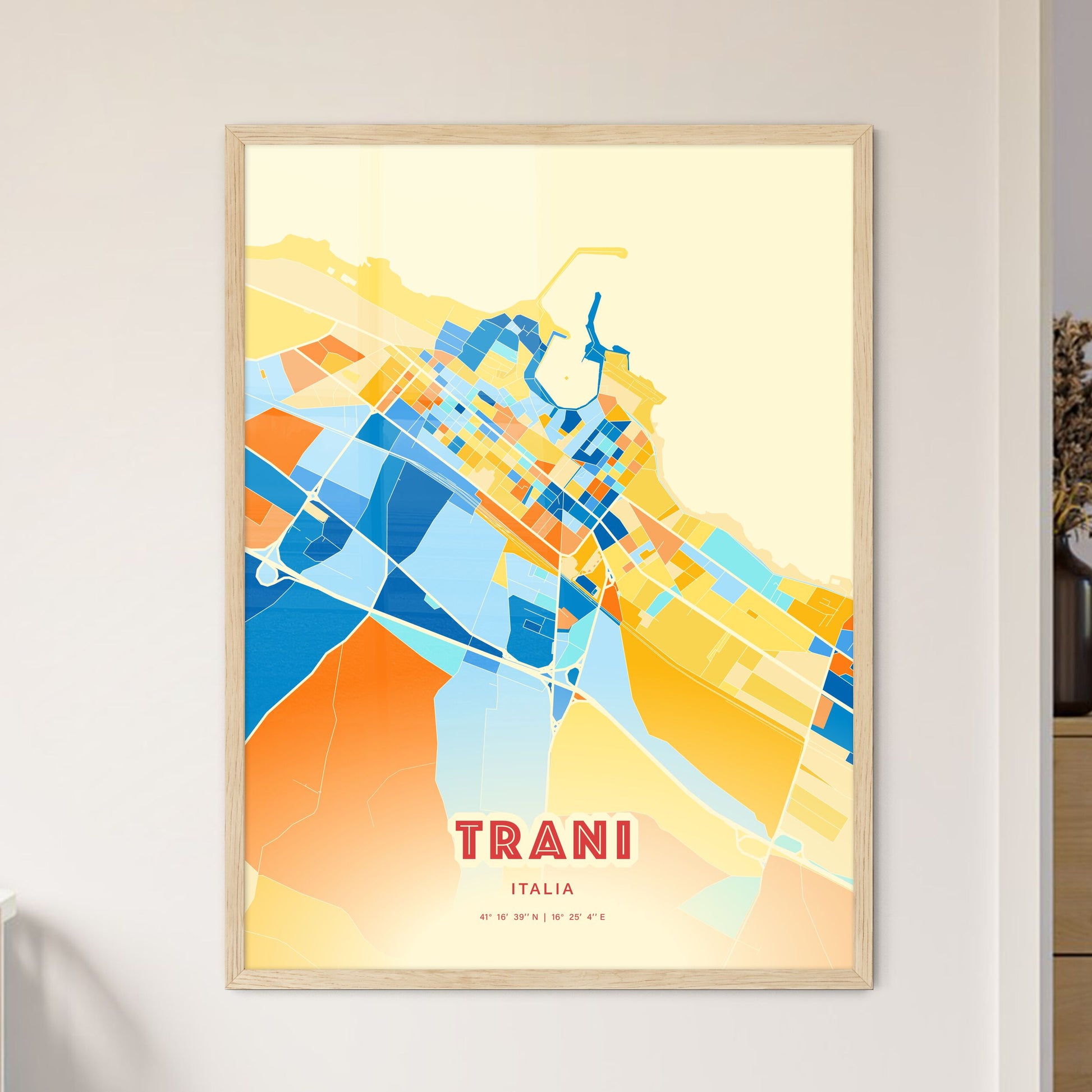 Colorful TRANI ITALY Fine Art Map Blue Orange