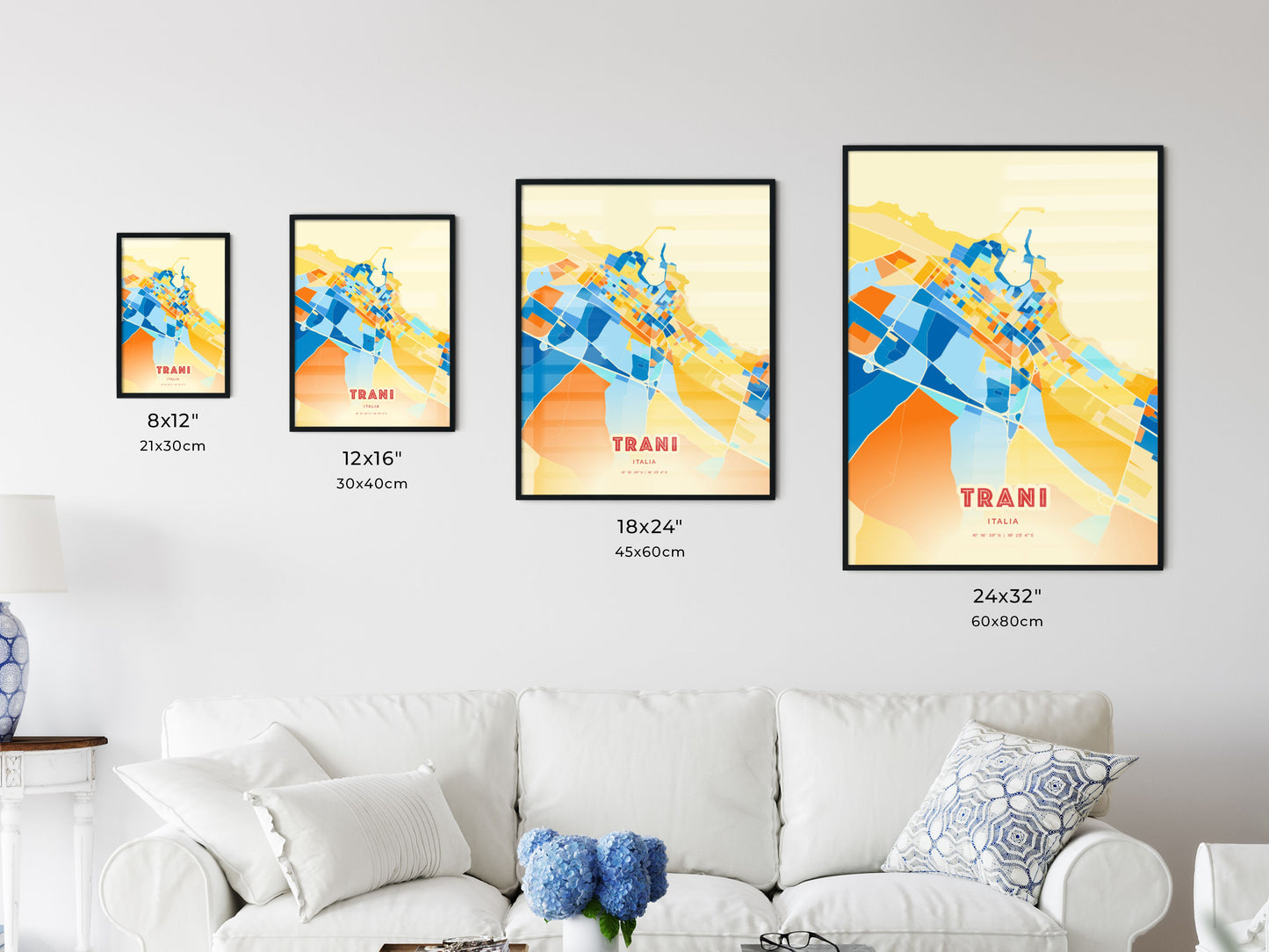 Colorful TRANI ITALY Fine Art Map Blue Orange