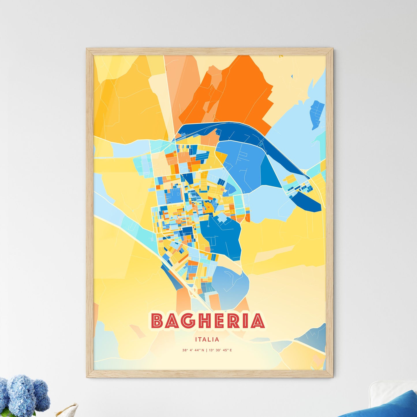 Colorful BAGHERIA ITALY Fine Art Map Blue Orange