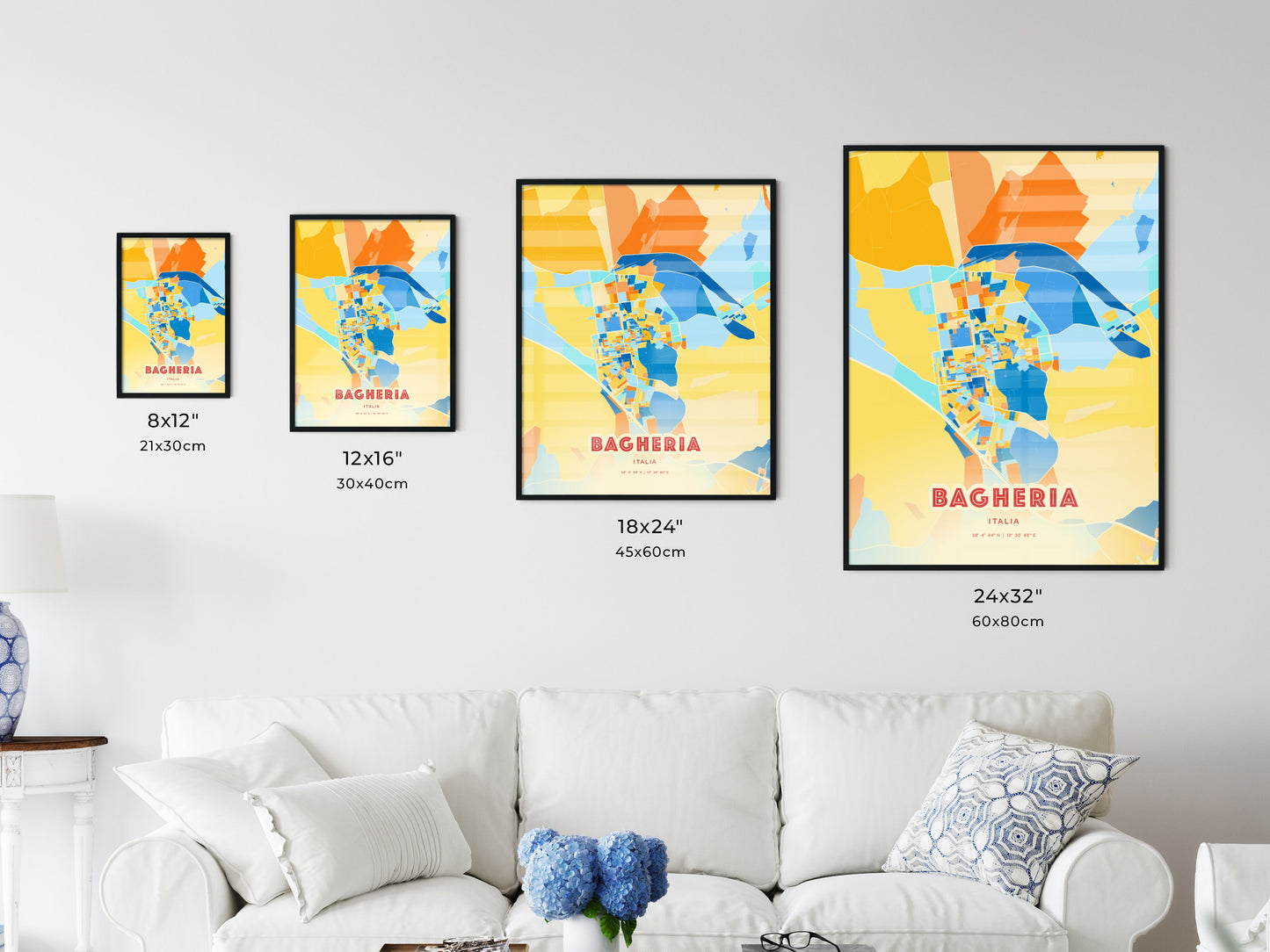 Colorful BAGHERIA ITALY Fine Art Map Blue Orange