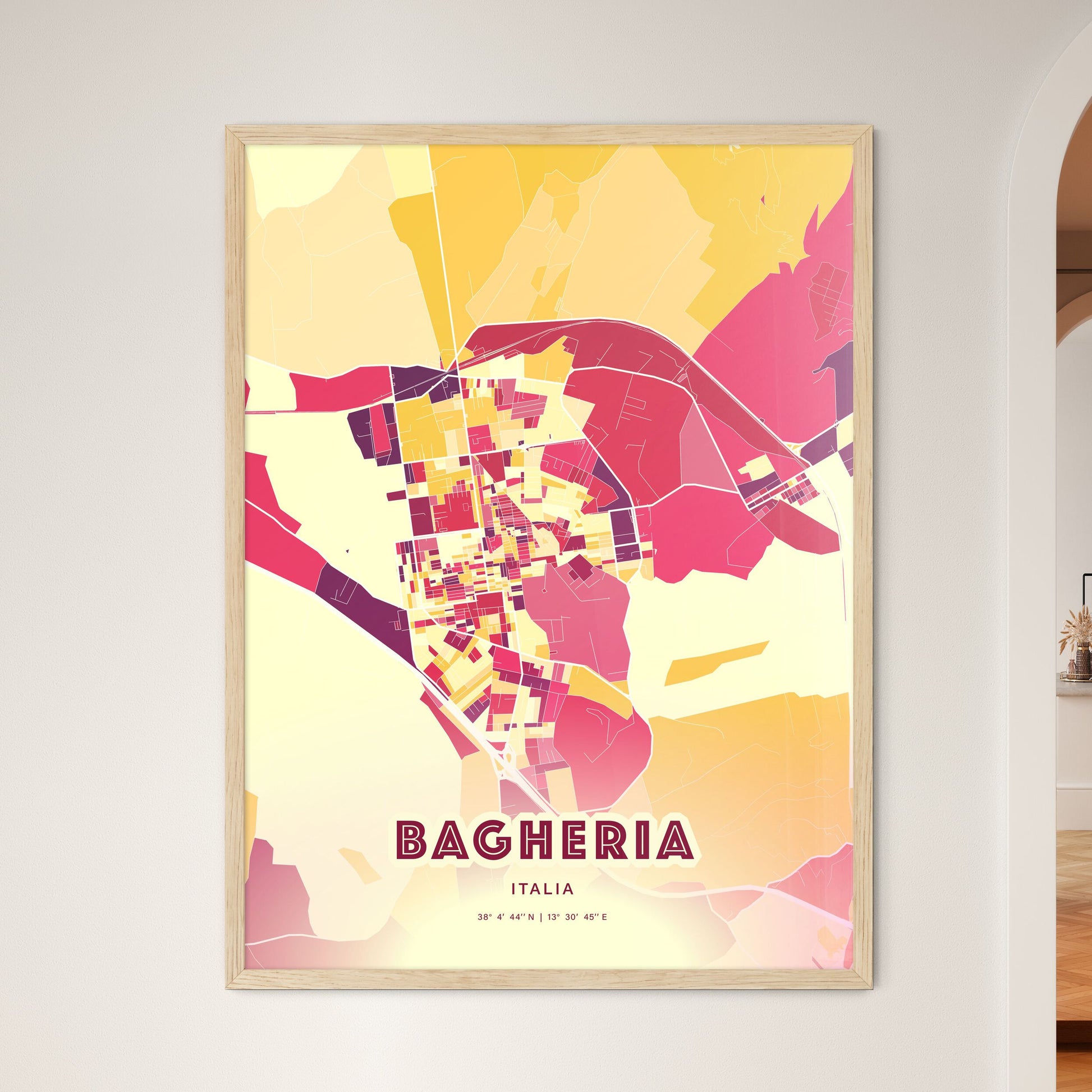 Colorful BAGHERIA ITALY Fine Art Map Hot Red