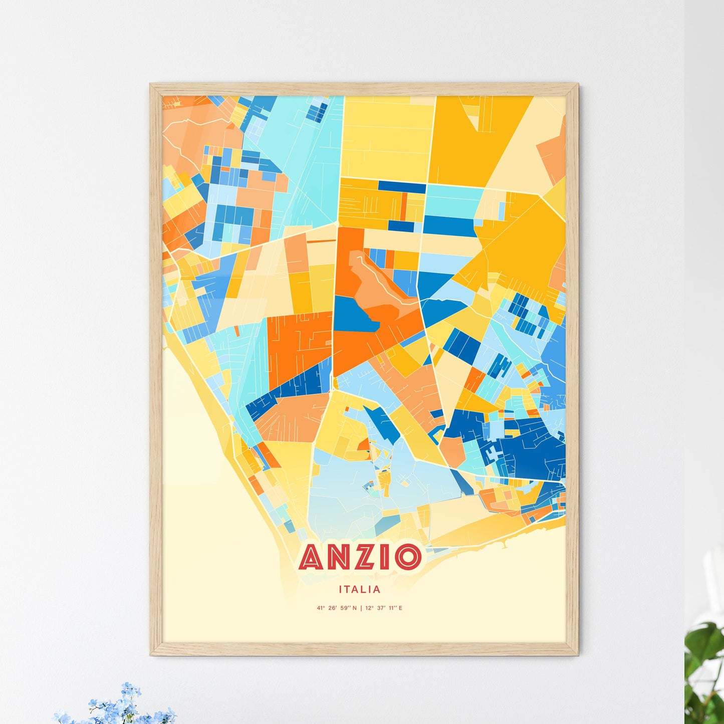 Colorful ANZIO ITALY Fine Art Map Blue Orange