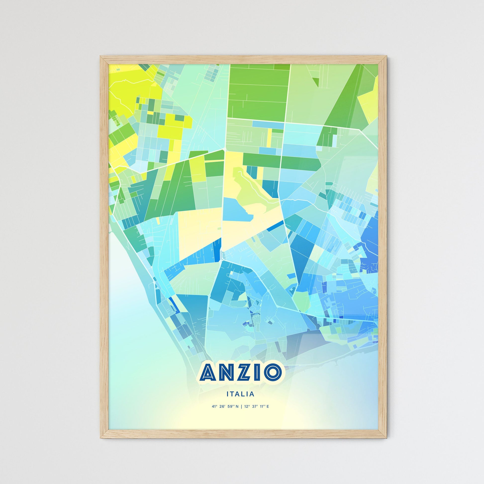 Colorful ANZIO ITALY Fine Art Map Cool Blue