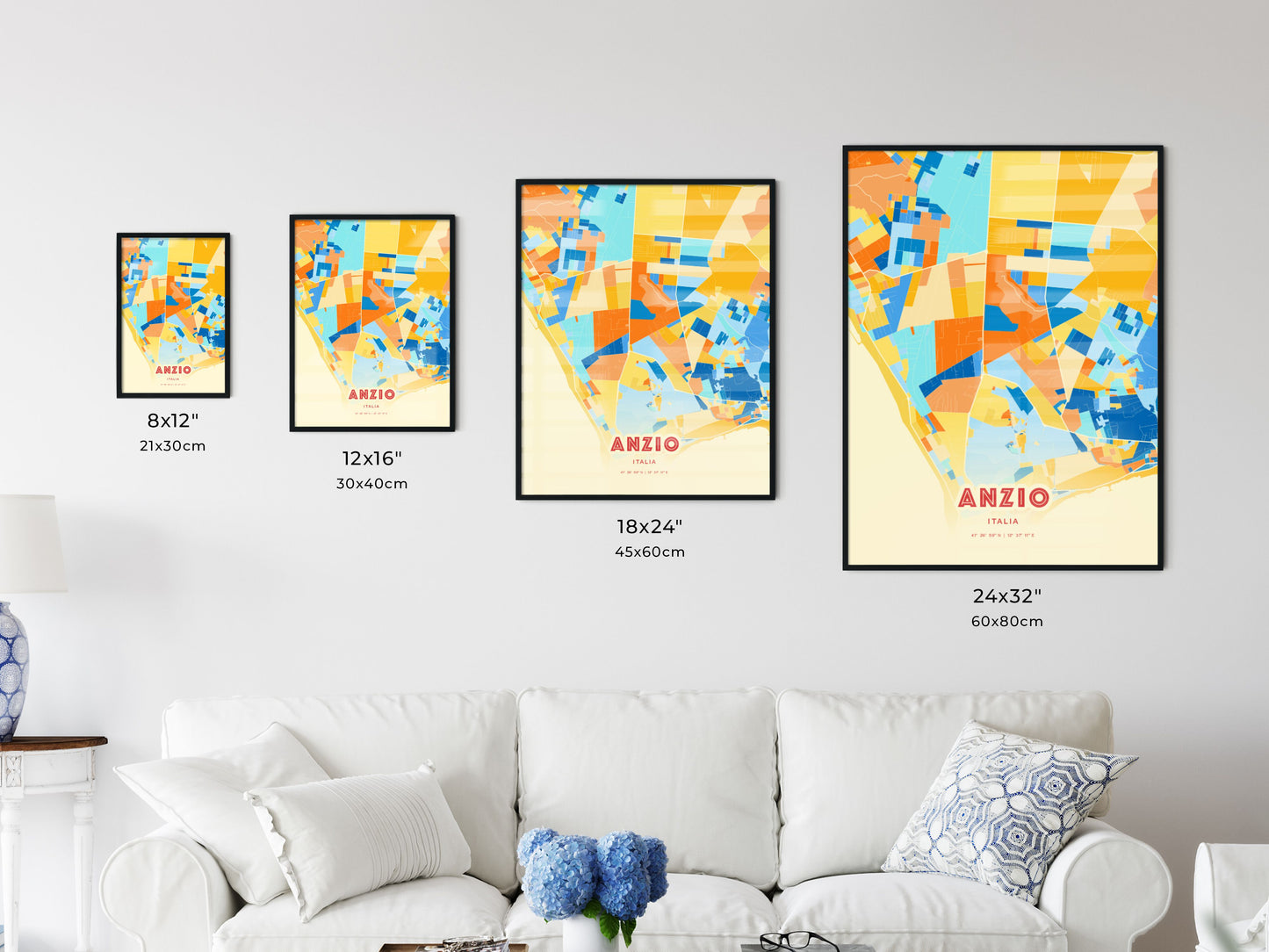 Colorful ANZIO ITALY Fine Art Map Blue Orange