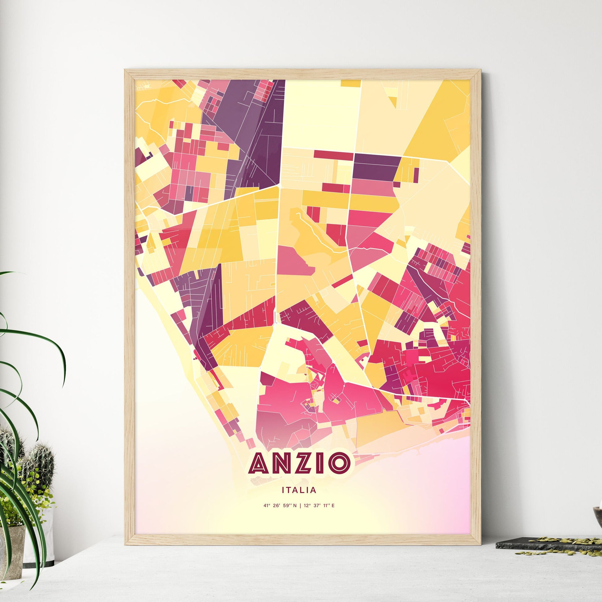 Colorful ANZIO ITALY Fine Art Map Hot Red