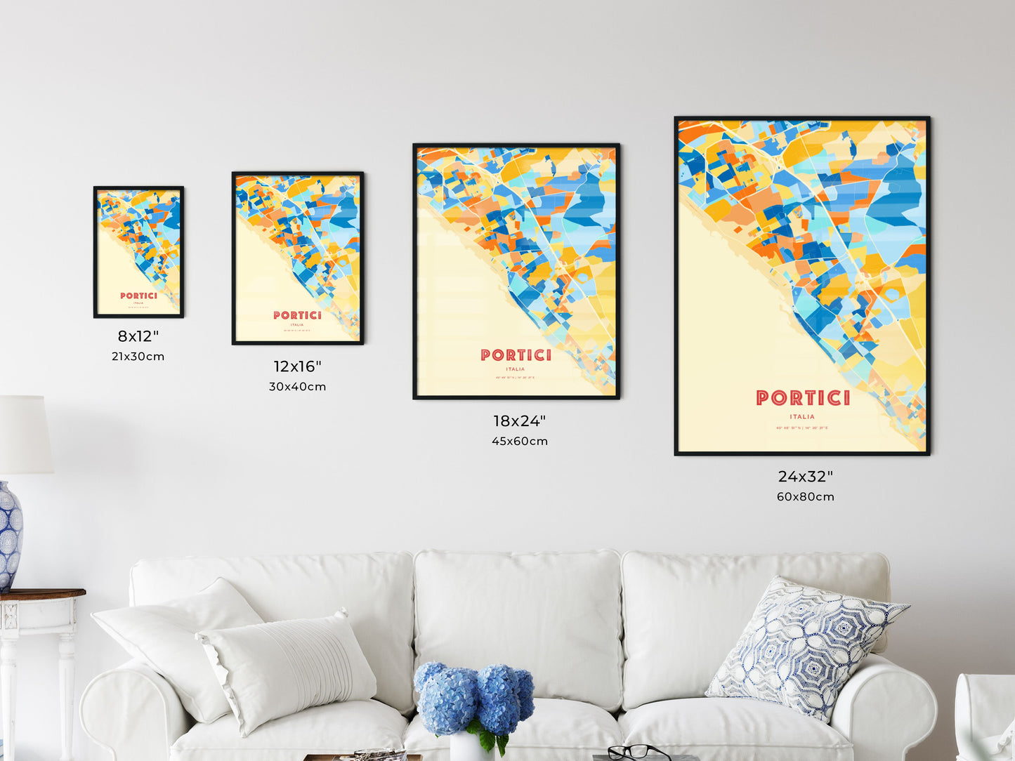 Colorful PORTICI ITALY Fine Art Map Blue Orange