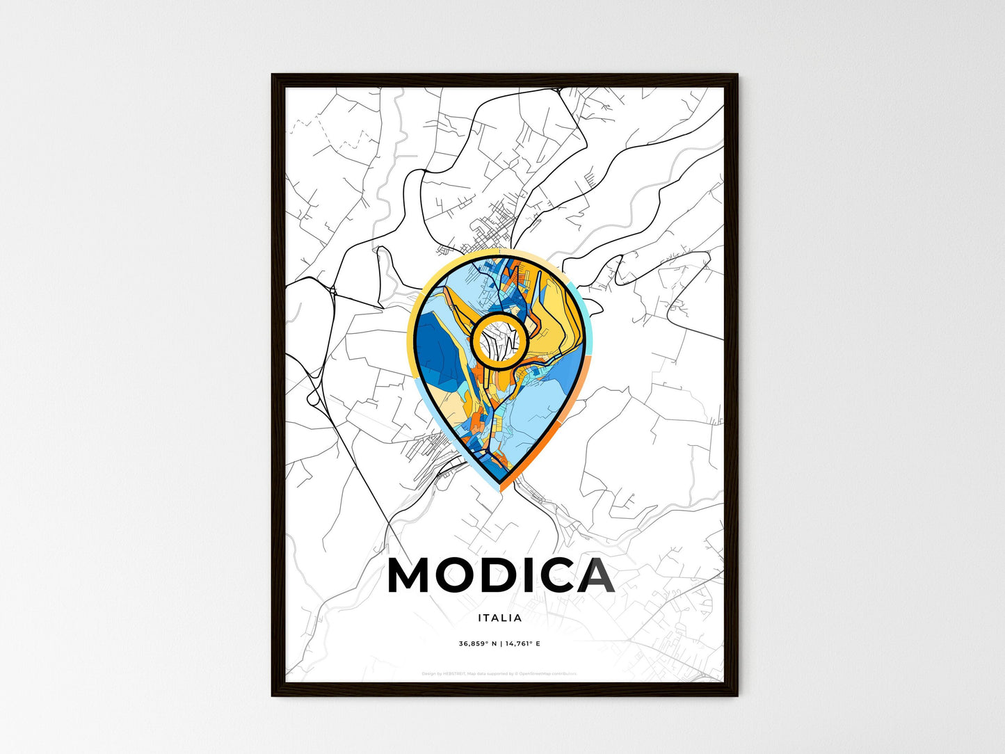 Modica Italy wedding art map with pointer icon