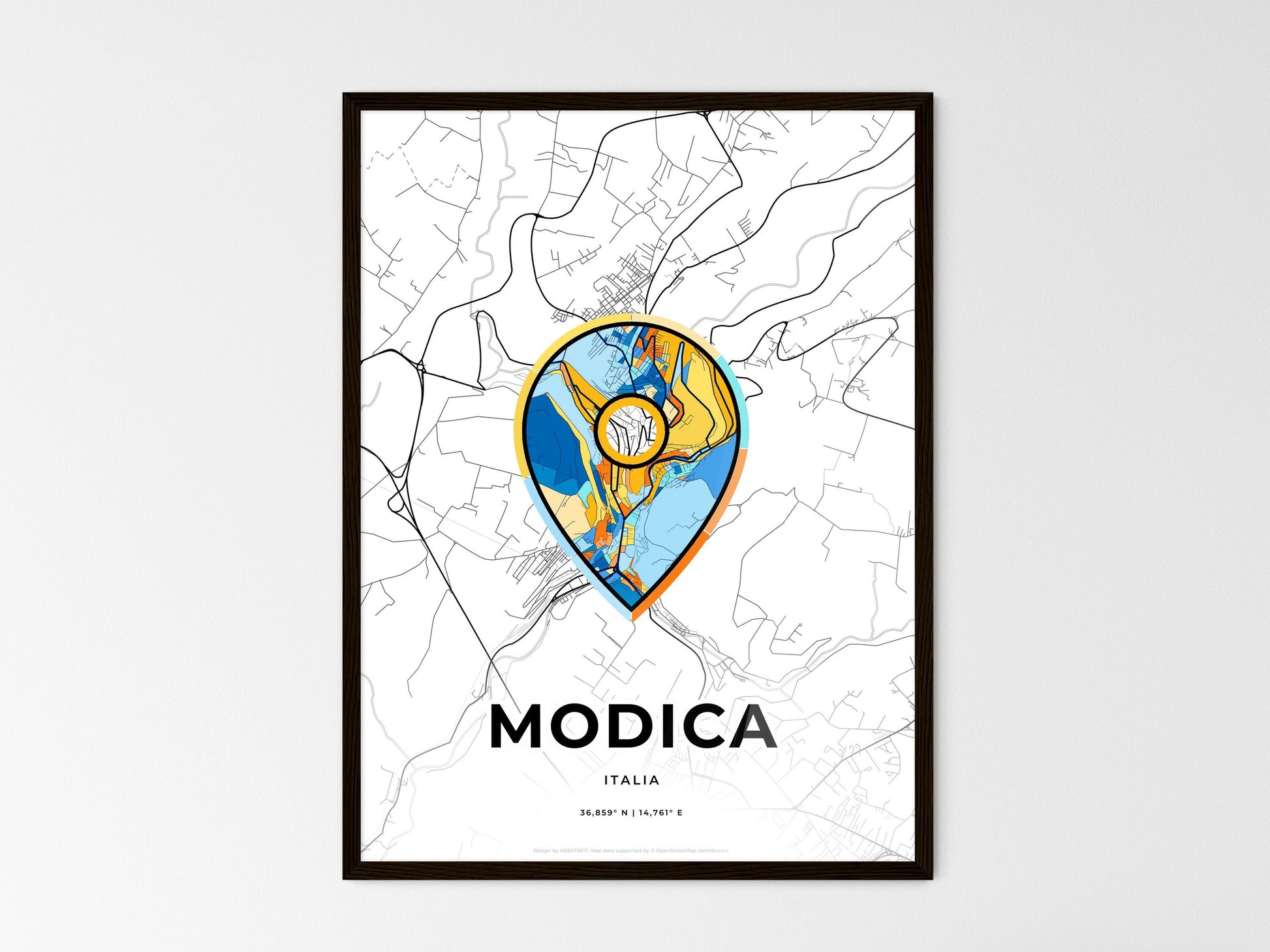 Modica Italy wedding art map with pointer icon
