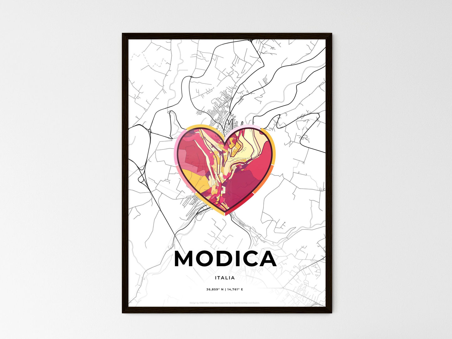 Modica Italy wedding art map with heart icon