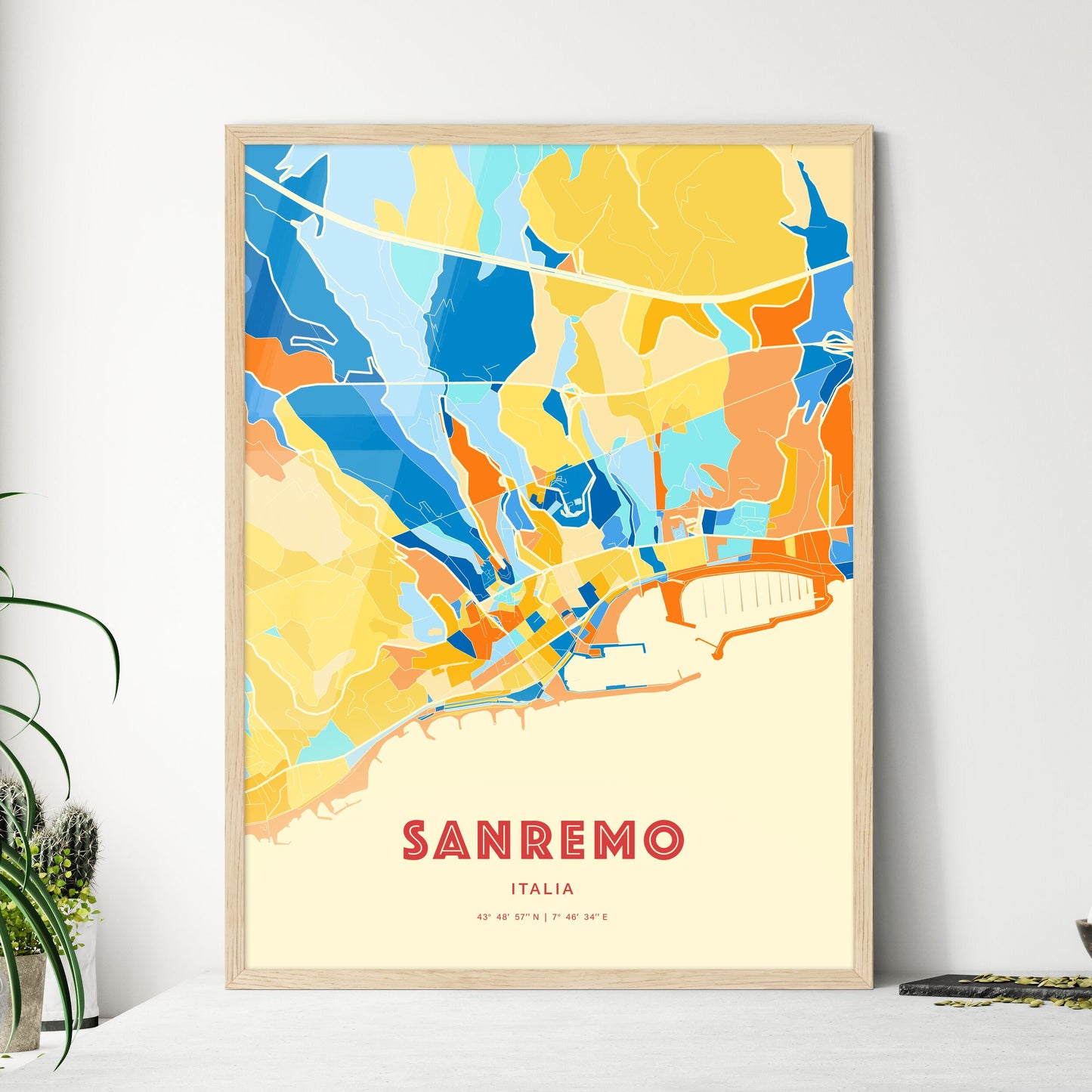 Colorful Sanremo Italy Fine Art Map Blue Orange