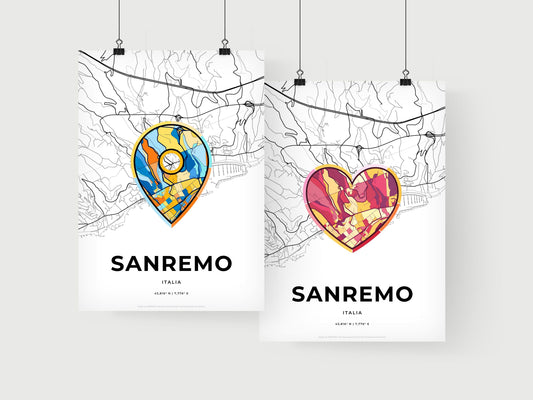 SANREMO ITALY minimal art map with a colorful icon. Where it all began, Couple map gift.