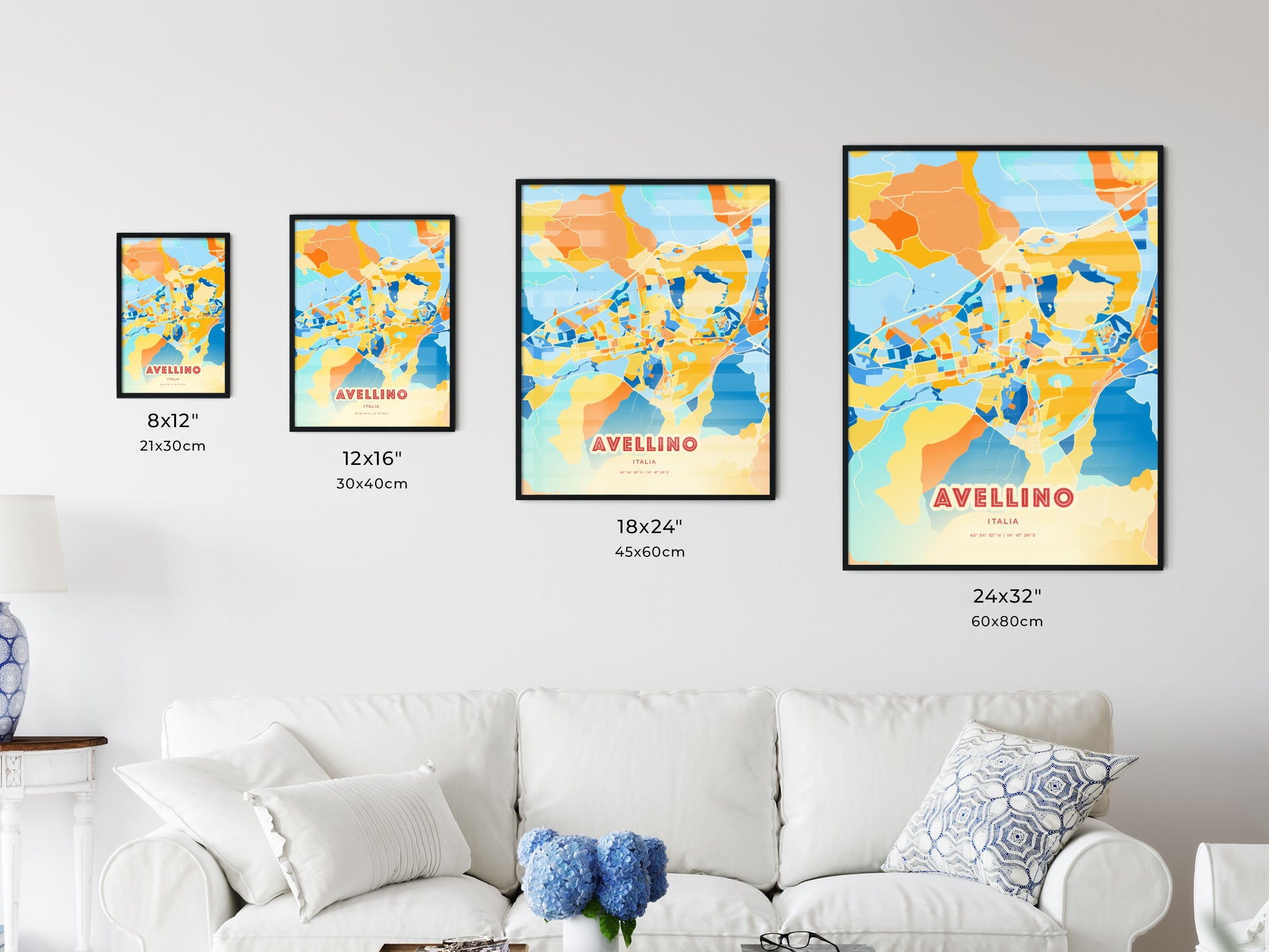 Colorful AVELLINO ITALY Fine Art Map Blue Orange