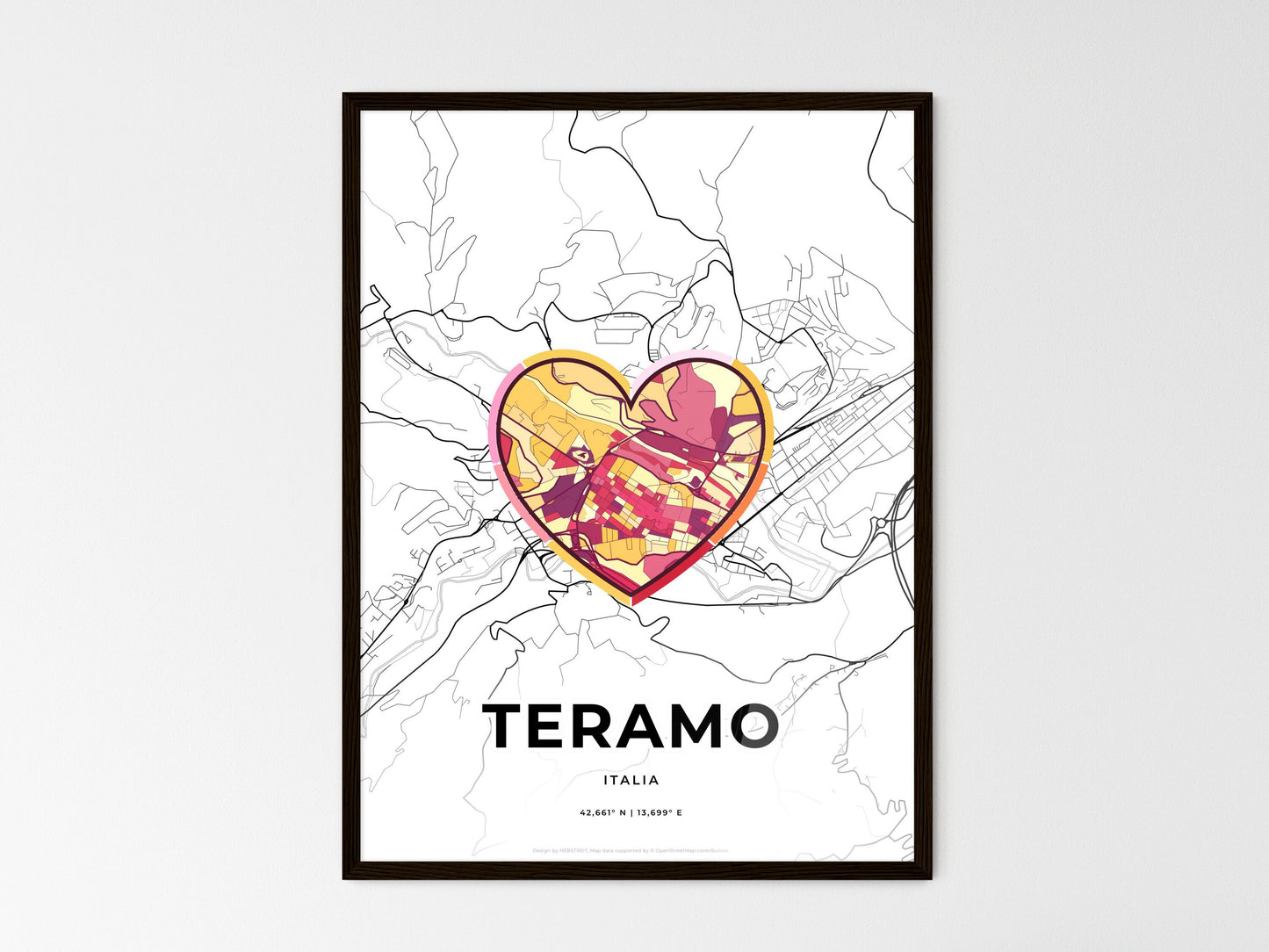 Teramo Italy wedding art map with heart icon