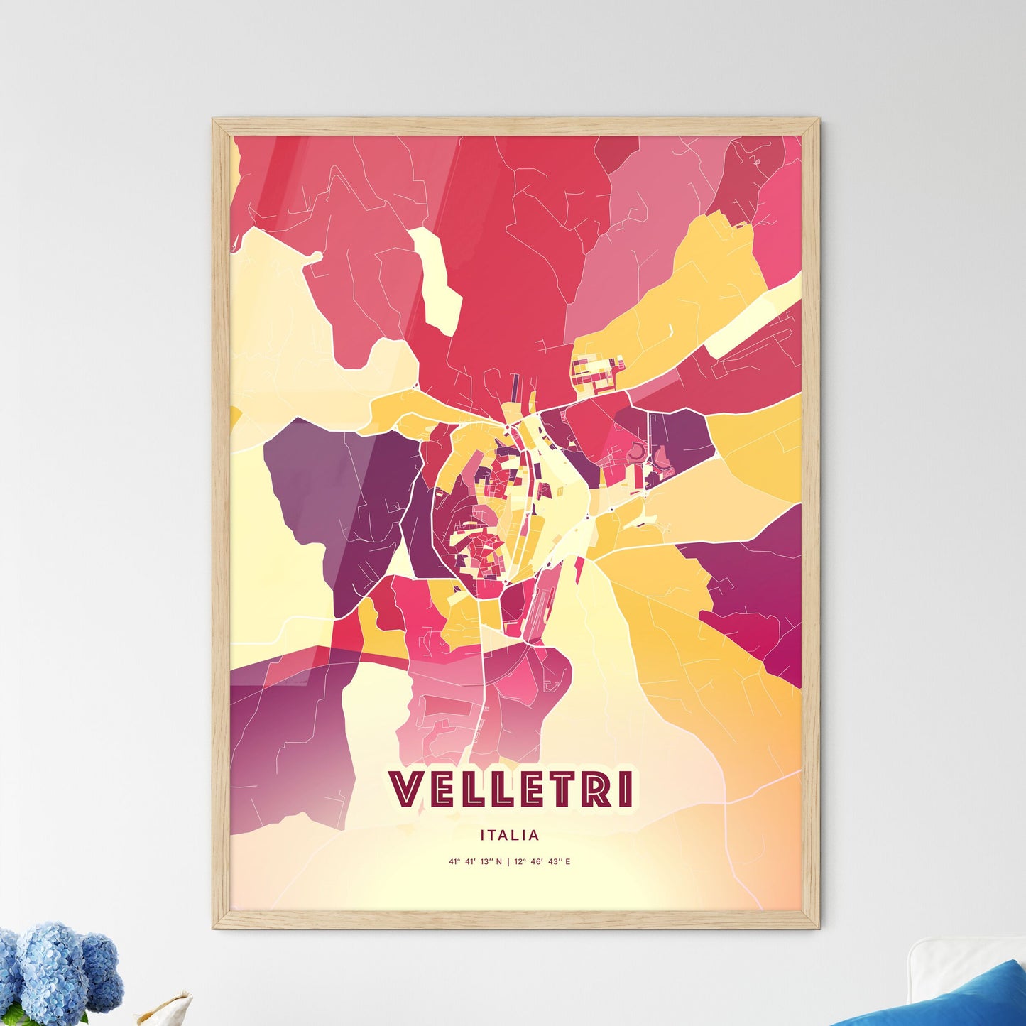 Colorful VELLETRI ITALY Fine Art Map Hot Red