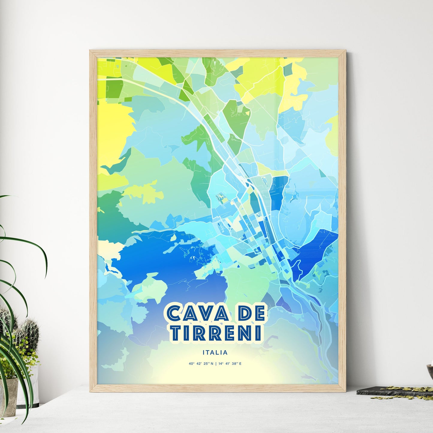 Colorful CAVA DE TIRRENI ITALY Fine Art Map Cool Blue