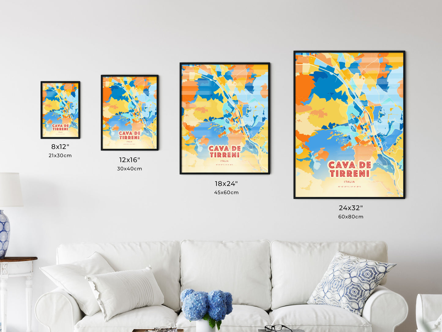 Colorful CAVA DE TIRRENI ITALY Fine Art Map Blue Orange