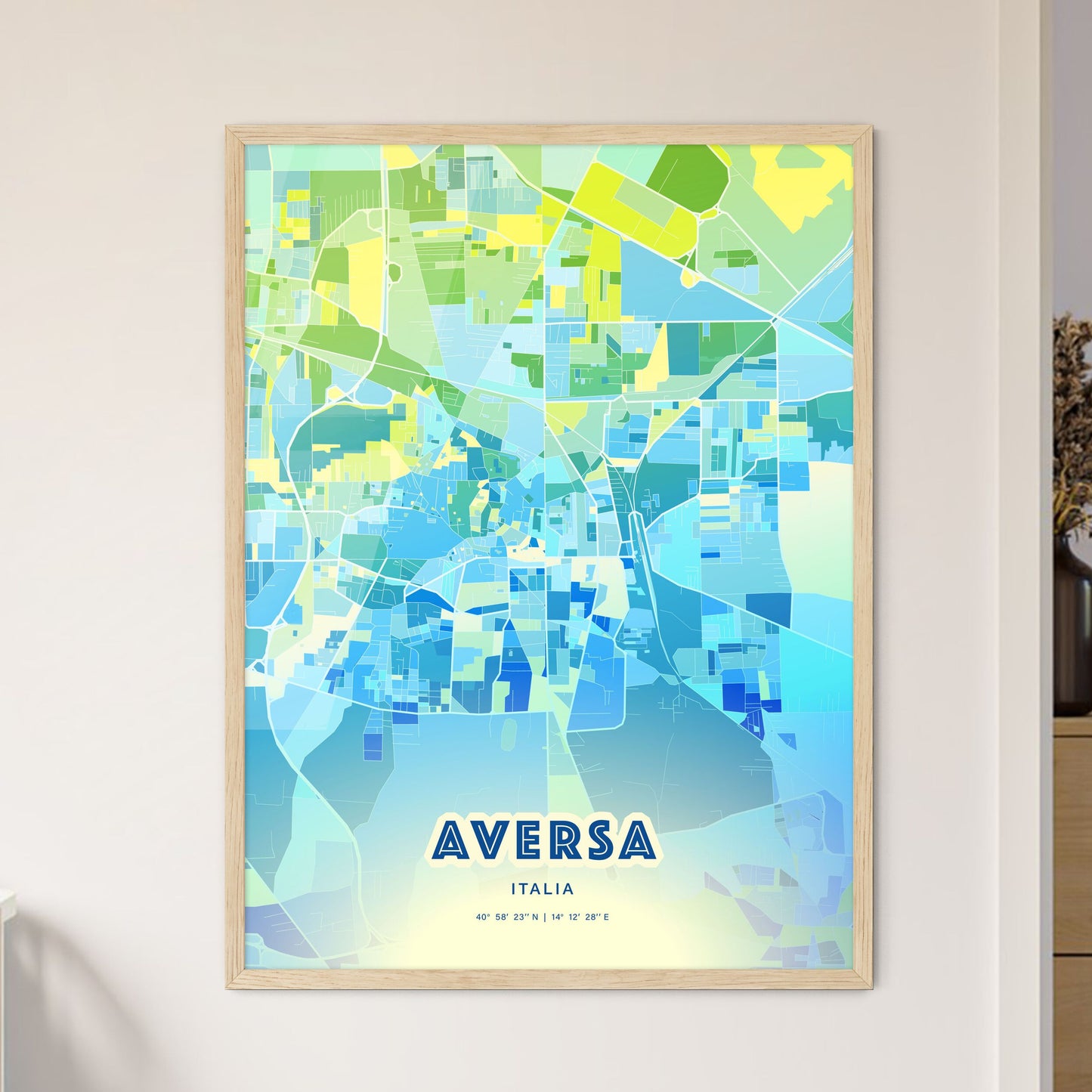 Colorful AVERSA ITALY Fine Art Map Cool Blue