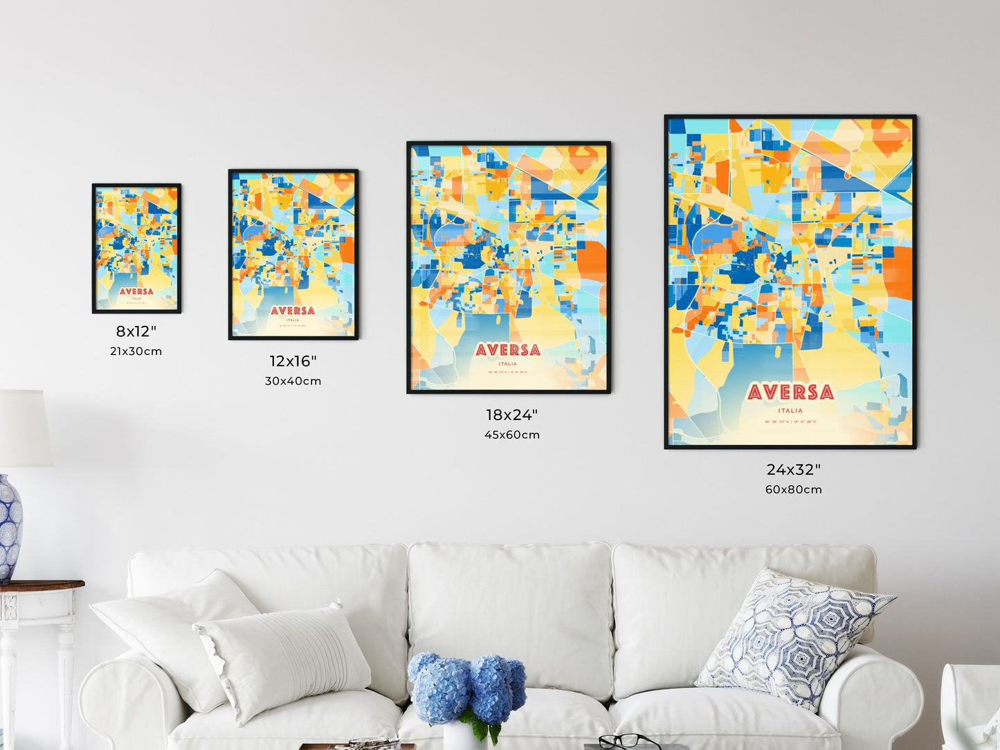 Colorful AVERSA ITALY Fine Art Map Blue Orange