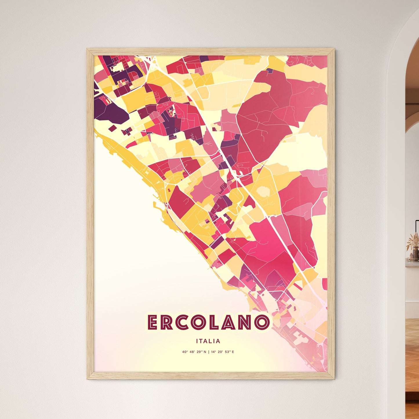 Colorful ERCOLANO ITALY Fine Art Map Hot Red