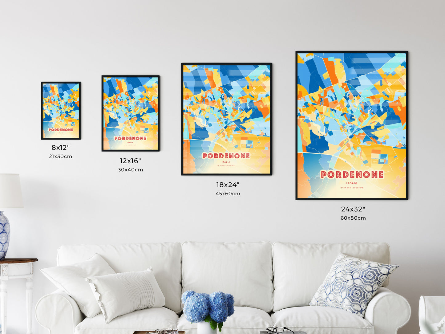 Colorful PORDENONE ITALY Fine Art Map Blue Orange