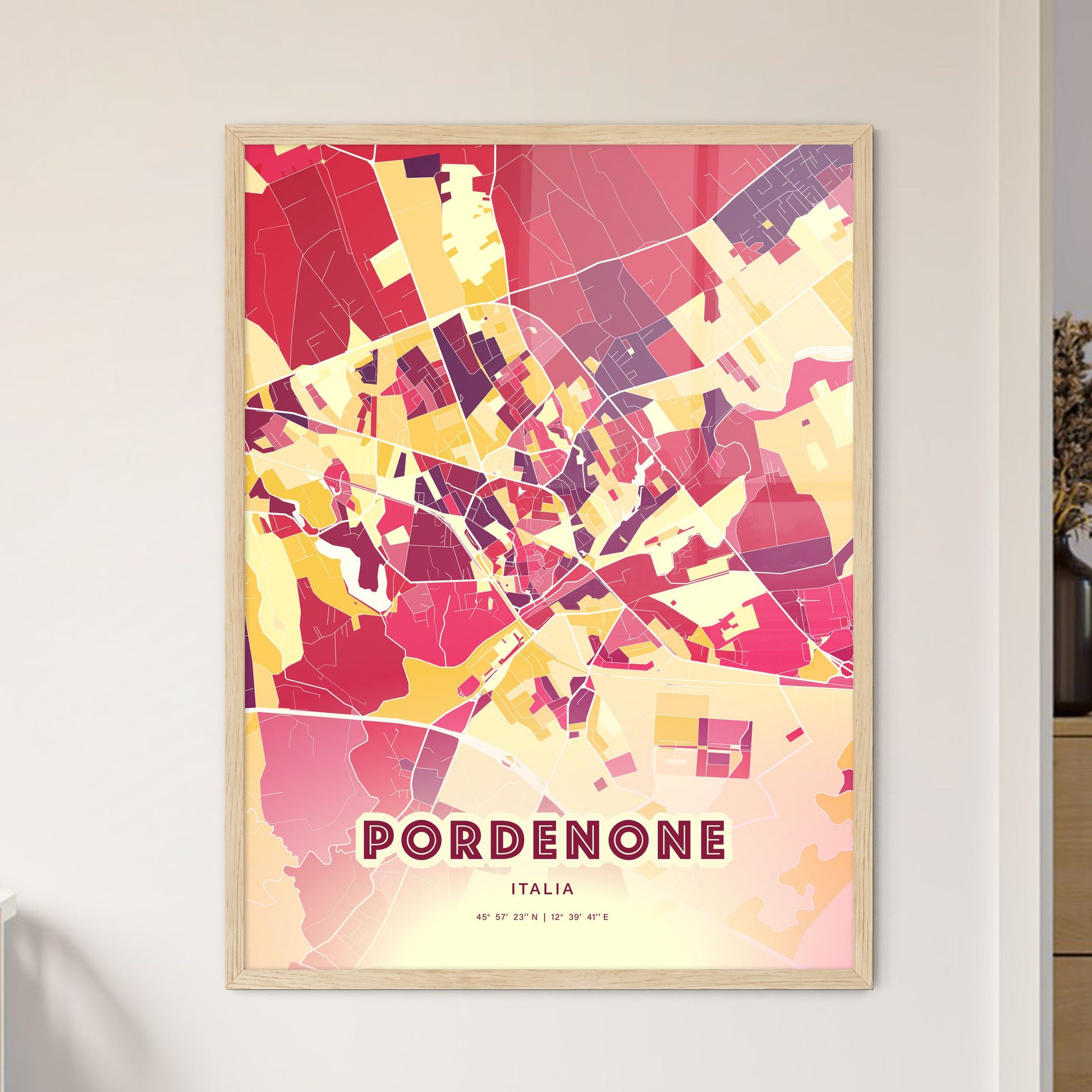 Colorful PORDENONE ITALY Fine Art Map Hot Red