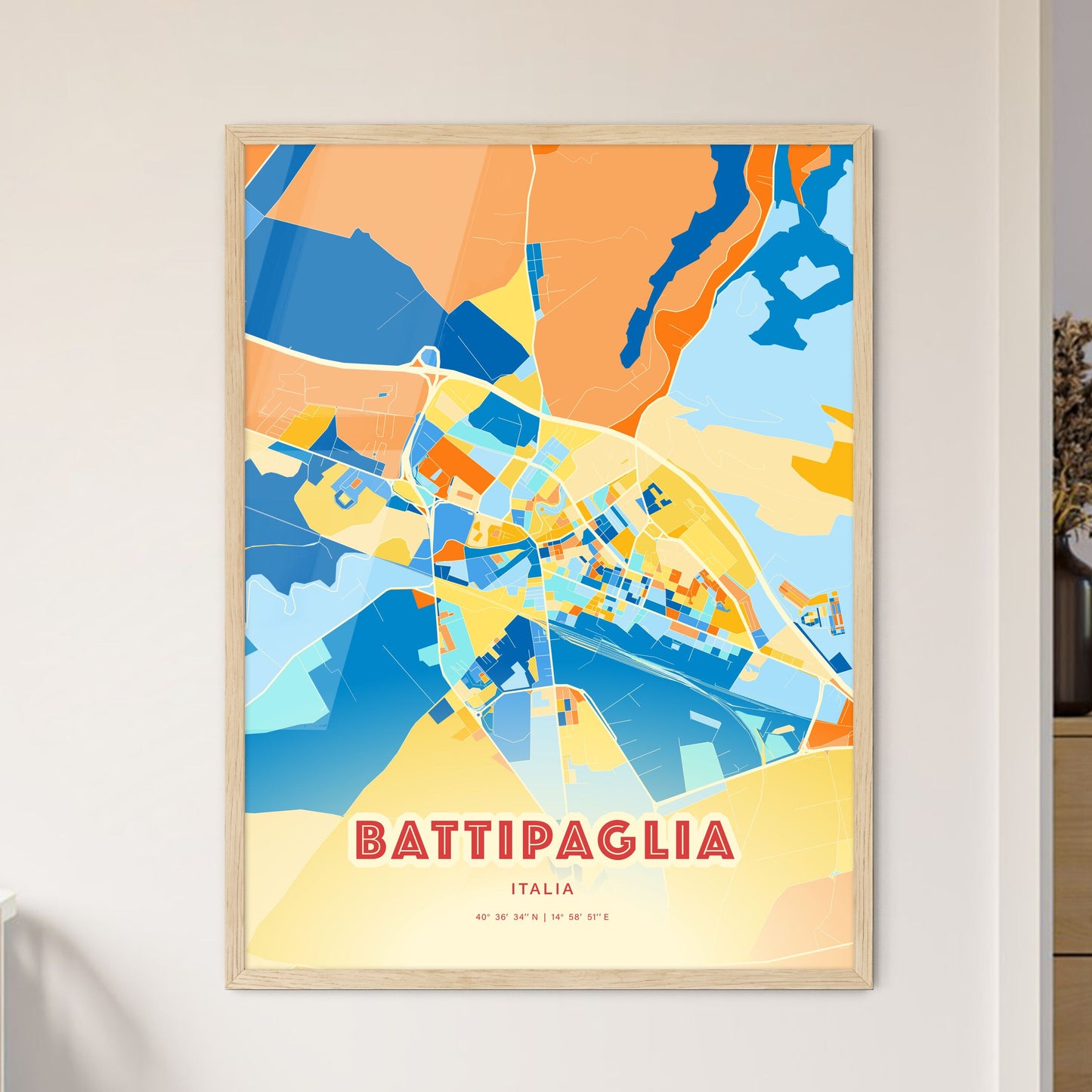 Colorful BATTIPAGLIA ITALY Fine Art Map Blue Orange