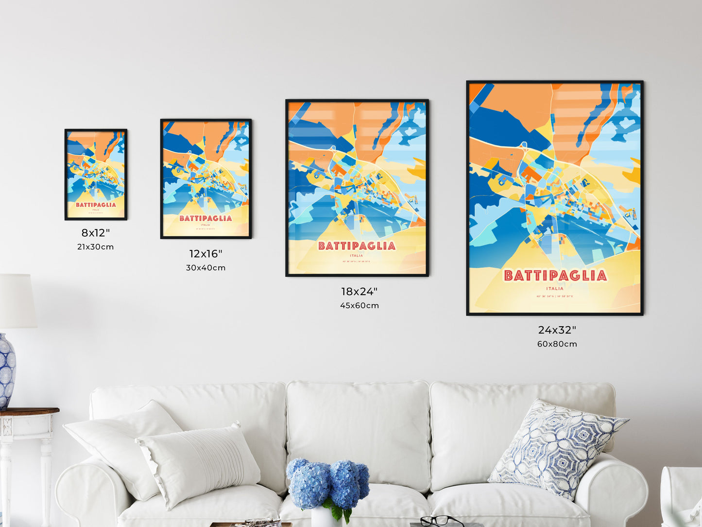 Colorful BATTIPAGLIA ITALY Fine Art Map Blue Orange