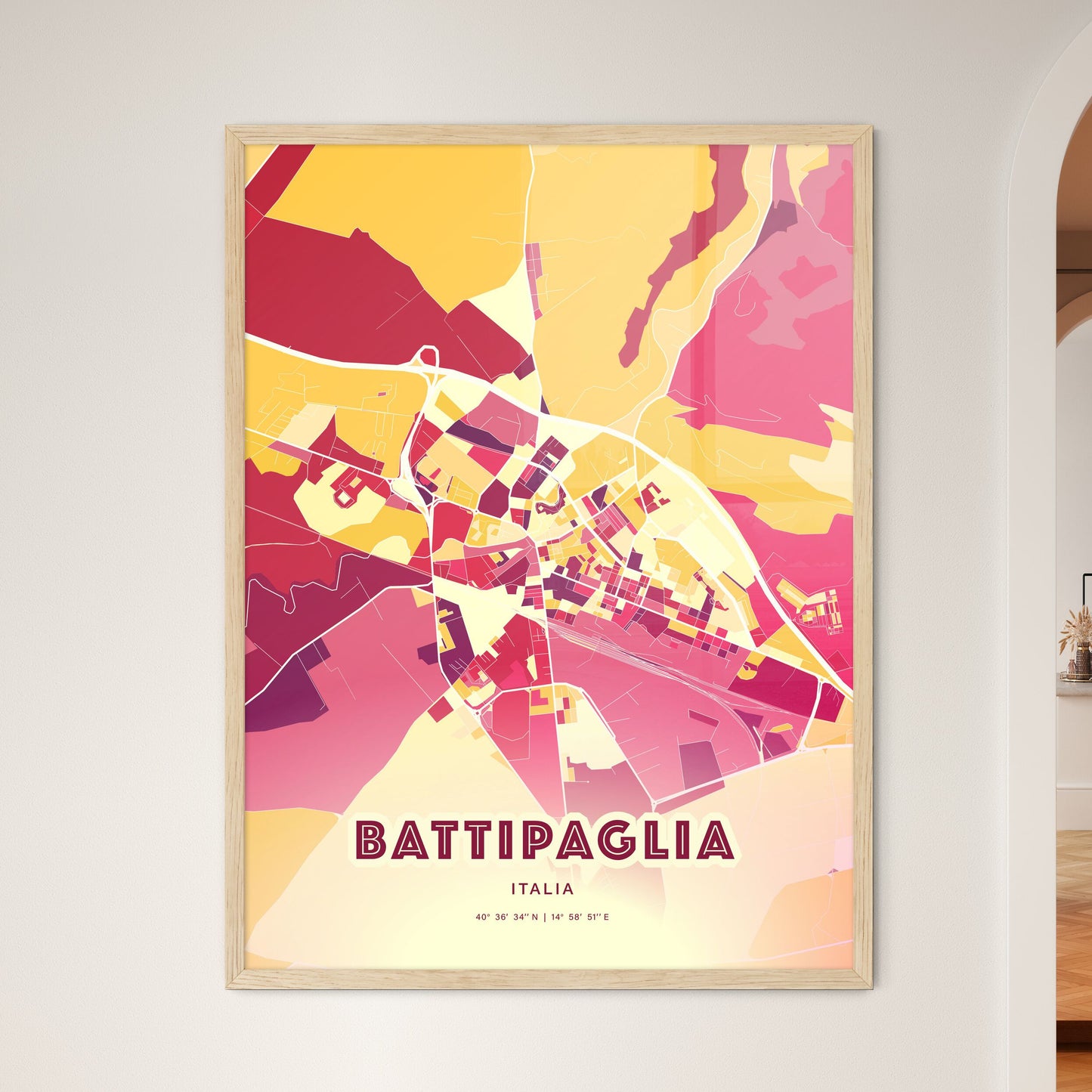 Colorful BATTIPAGLIA ITALY Fine Art Map Hot Red