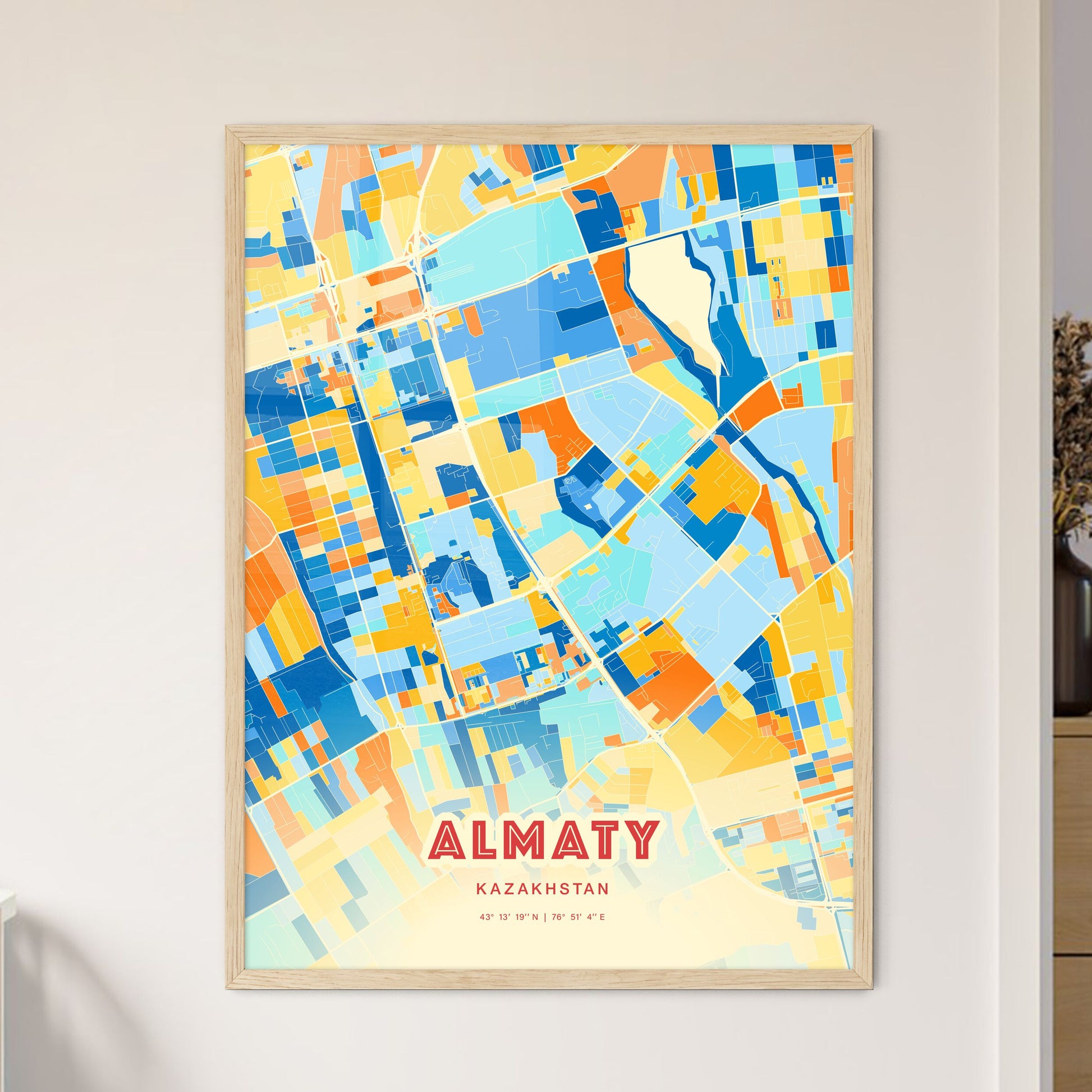 Colorful Almaty Kazakhstan Fine Art Map Blue Orange