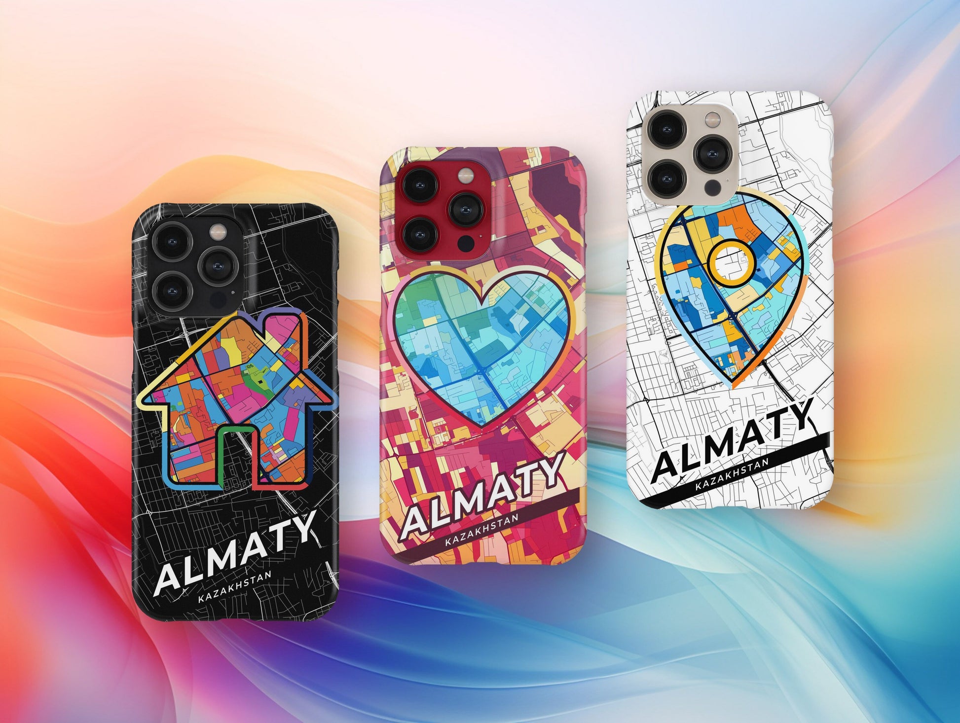 Almaty Kazakhstan slim phone case with colorful icon. Birthday, wedding or housewarming gift. Couple match cases.
