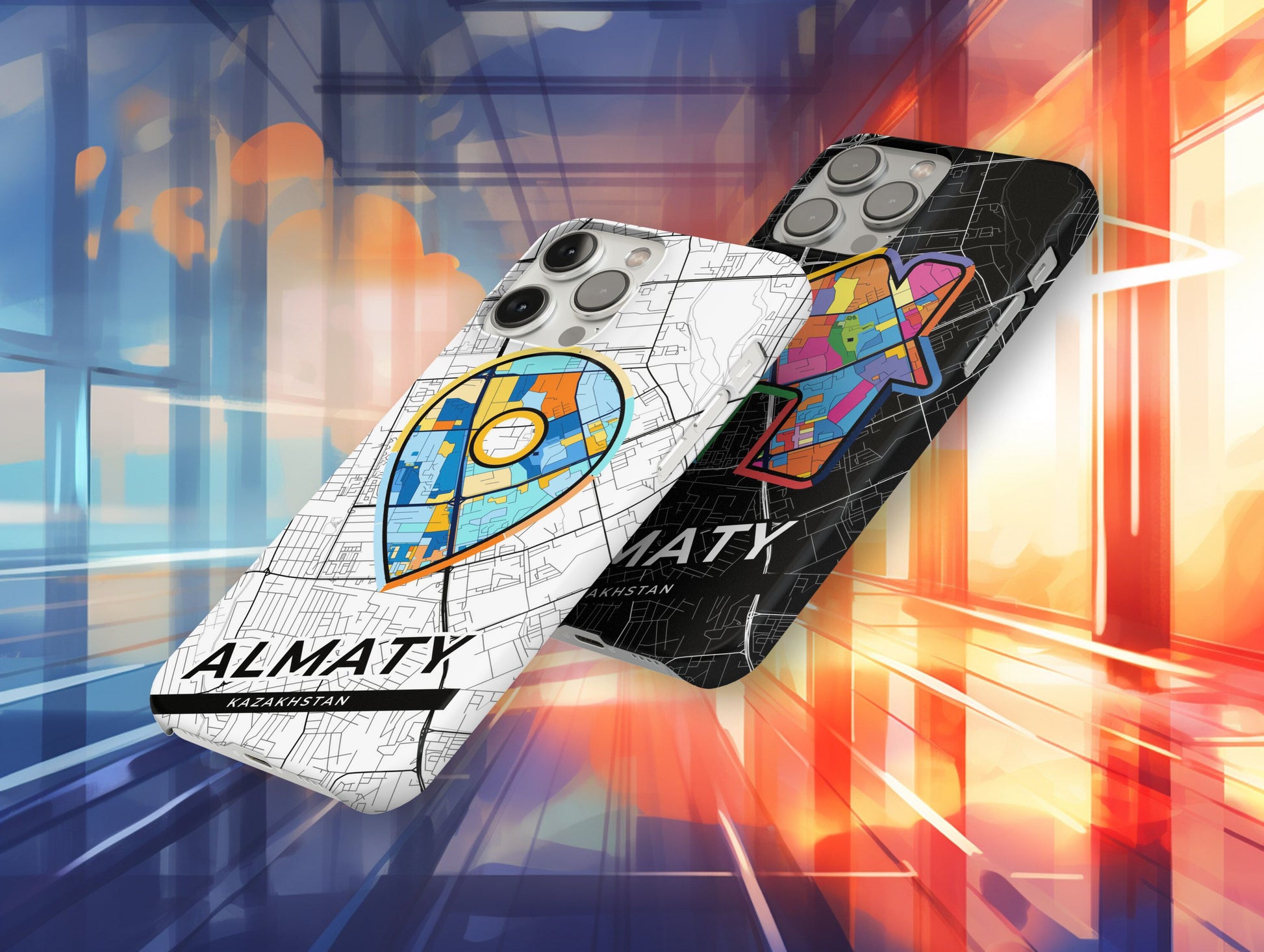 Almaty Kazakhstan slim phone case with colorful icon. Birthday, wedding or housewarming gift. Couple match cases.