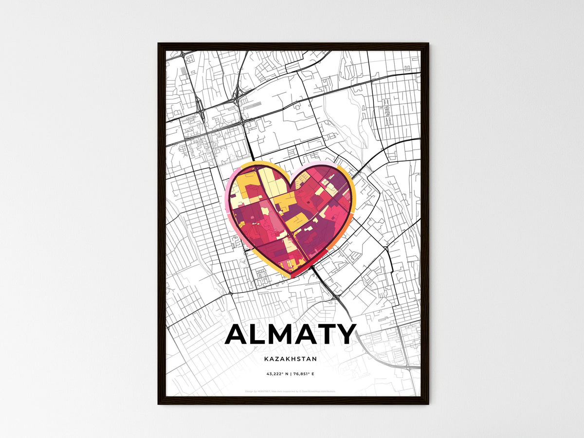 Almaty Kazakhstan wedding art map with heart icon