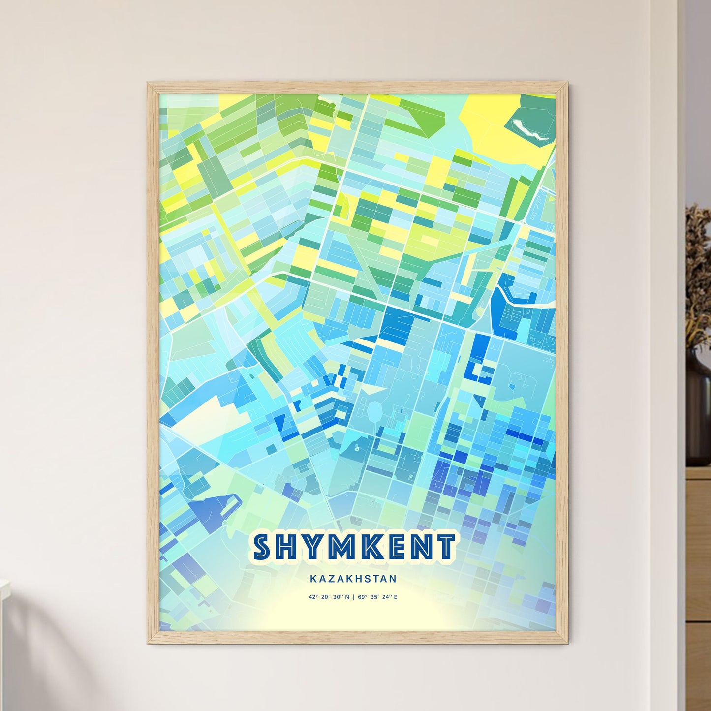 Colorful SHYMKENT KAZAKHSTAN Fine Art Map Cool Blue