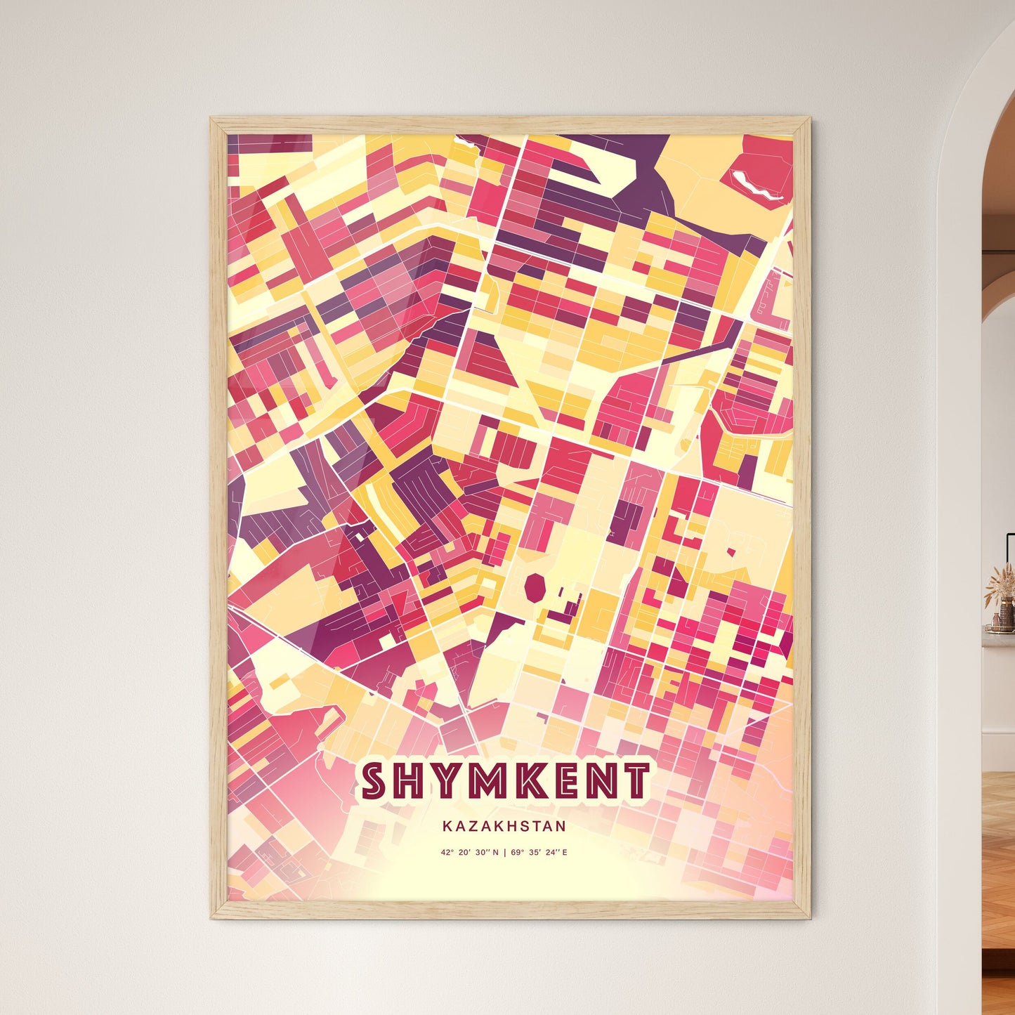 Colorful SHYMKENT KAZAKHSTAN Fine Art Map Hot Red