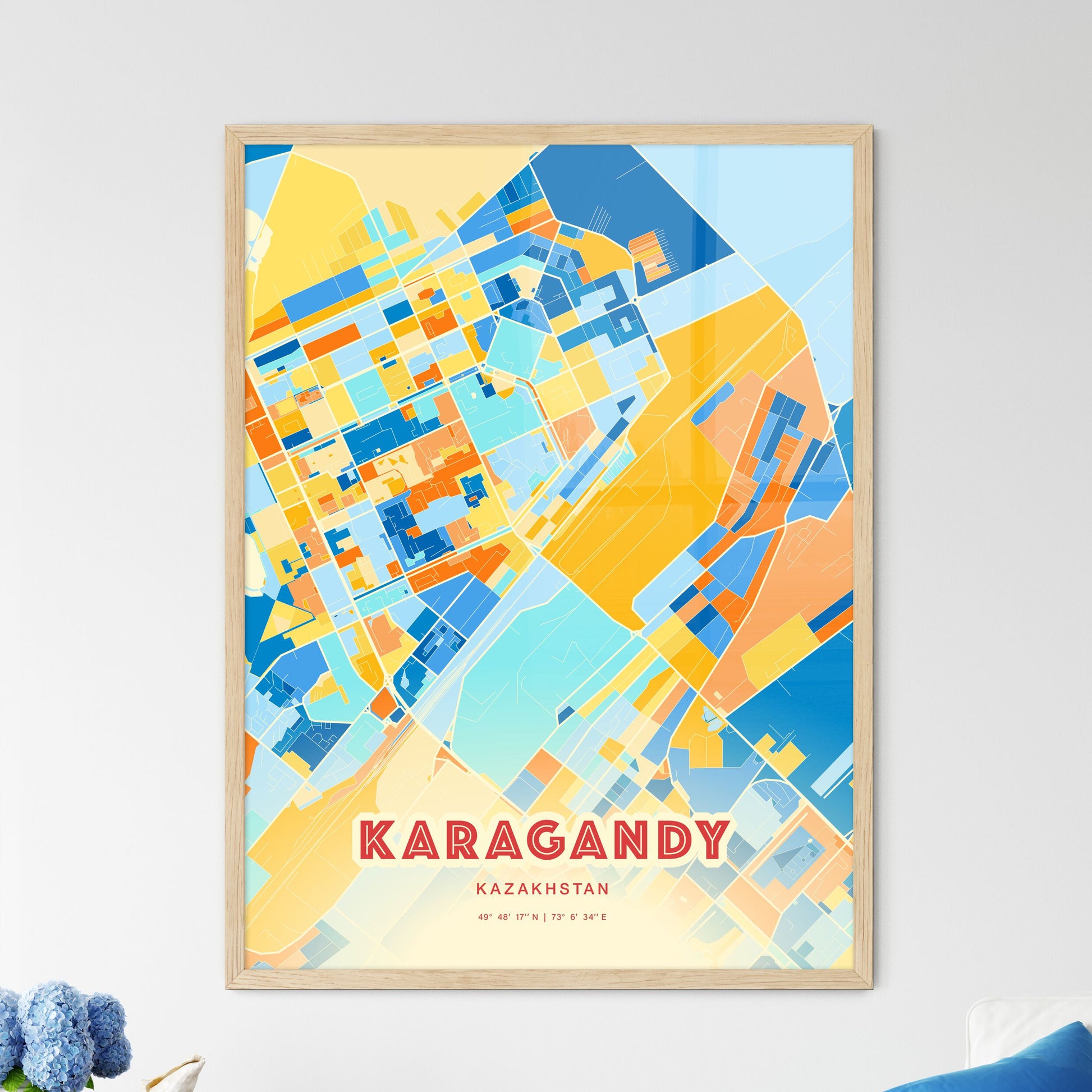 Colorful KARAGANDY KAZAKHSTAN Fine Art Map Blue Orange