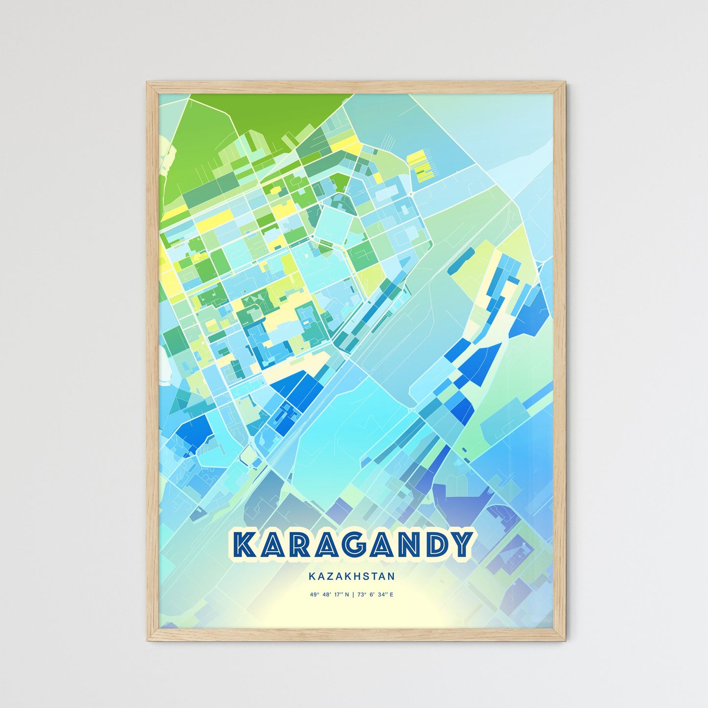 Colorful KARAGANDY KAZAKHSTAN Fine Art Map Cool Blue