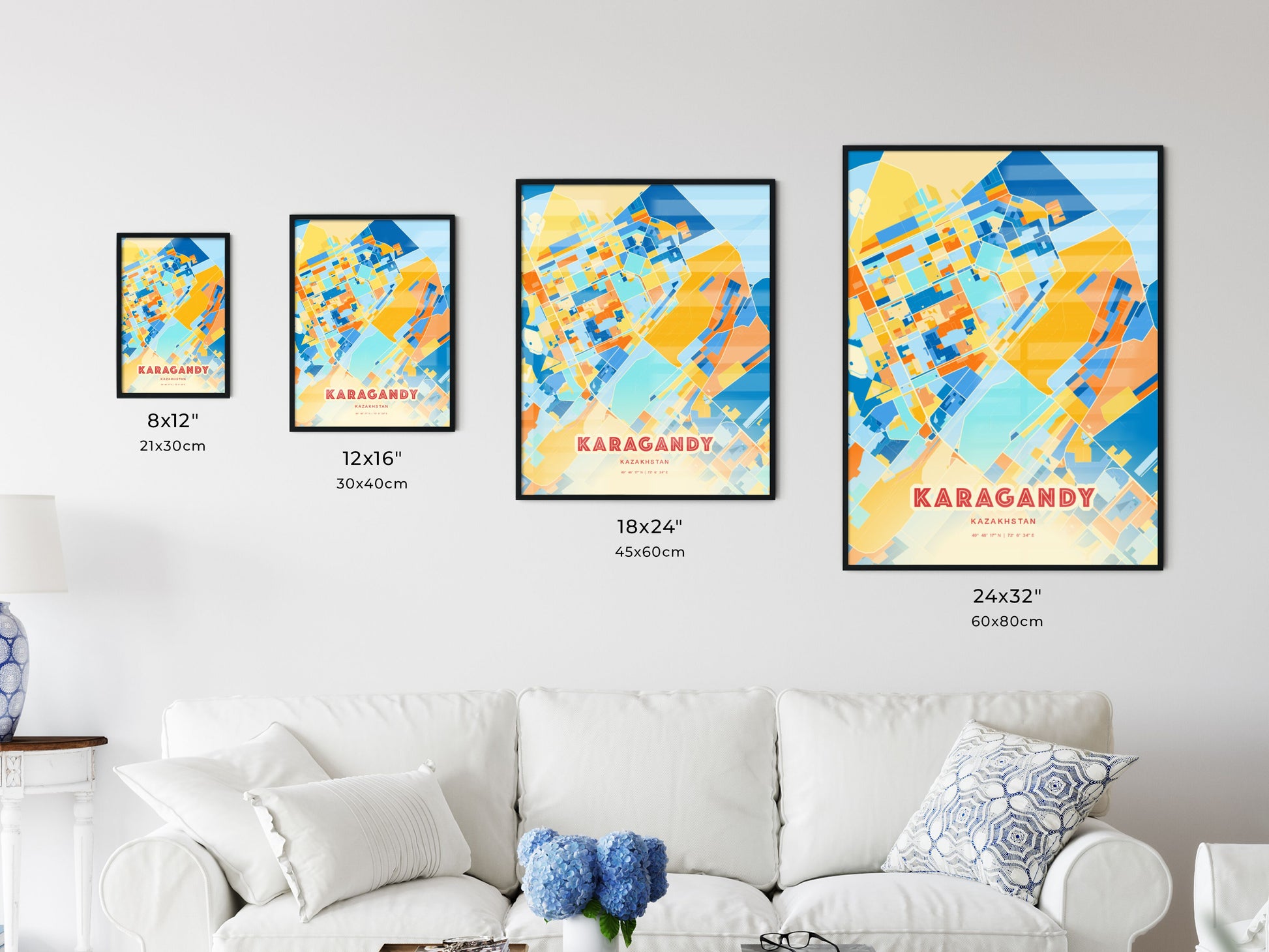 Colorful KARAGANDY KAZAKHSTAN Fine Art Map Blue Orange