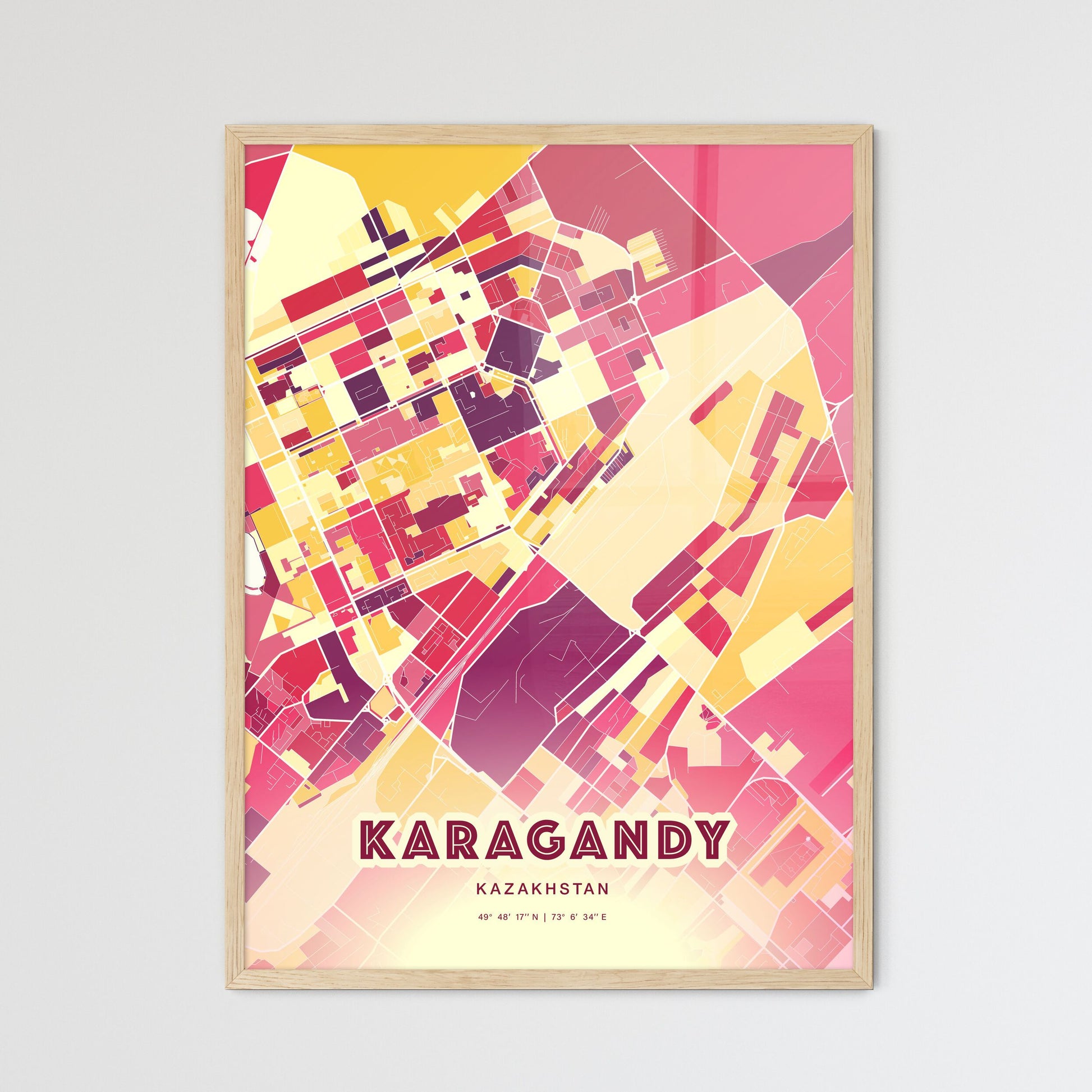 Colorful KARAGANDY KAZAKHSTAN Fine Art Map Hot Red