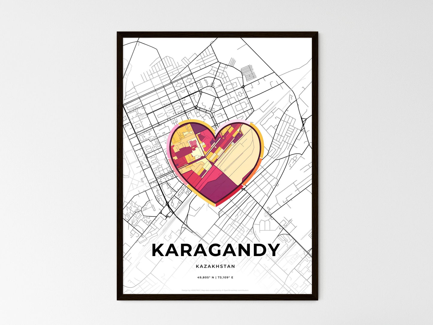 Karagandy Kazakhstan wedding art map with heart icon