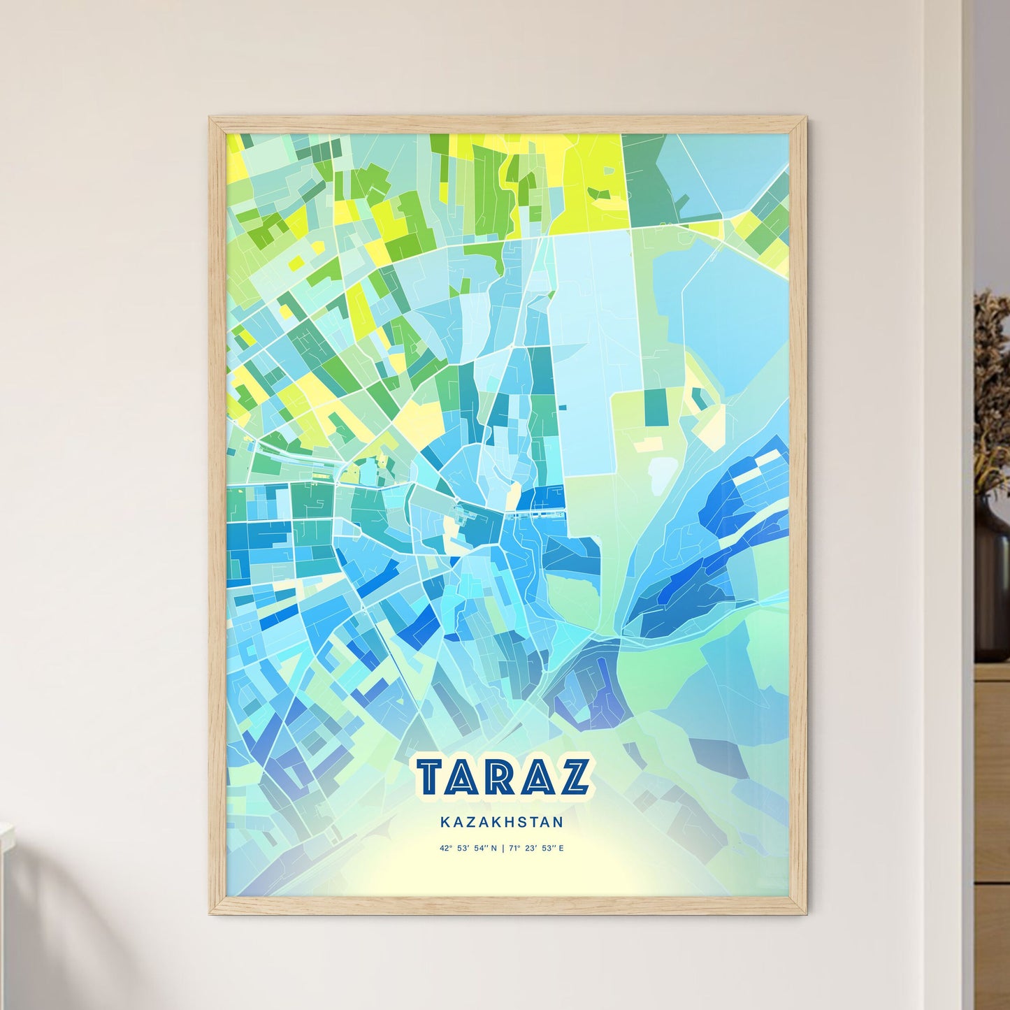 Colorful TARAZ KAZAKHSTAN Fine Art Map Cool Blue