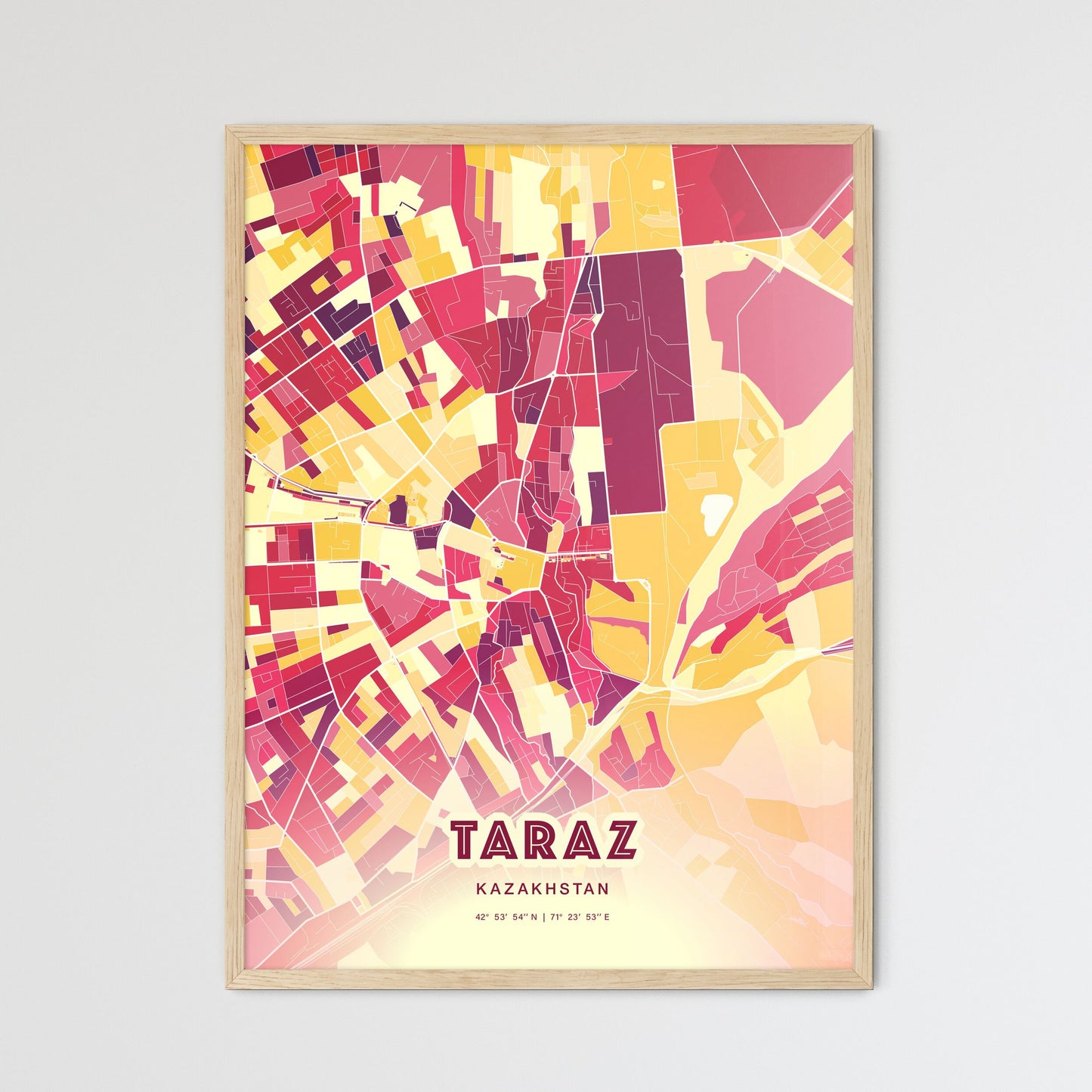 Colorful TARAZ KAZAKHSTAN Fine Art Map Hot Red