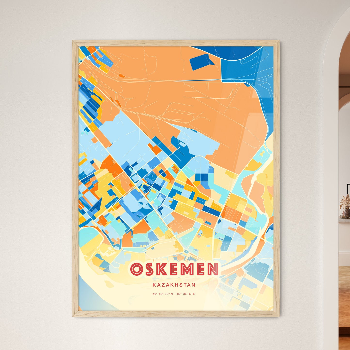 Colorful OSKEMEN KAZAKHSTAN Fine Art Map Blue Orange