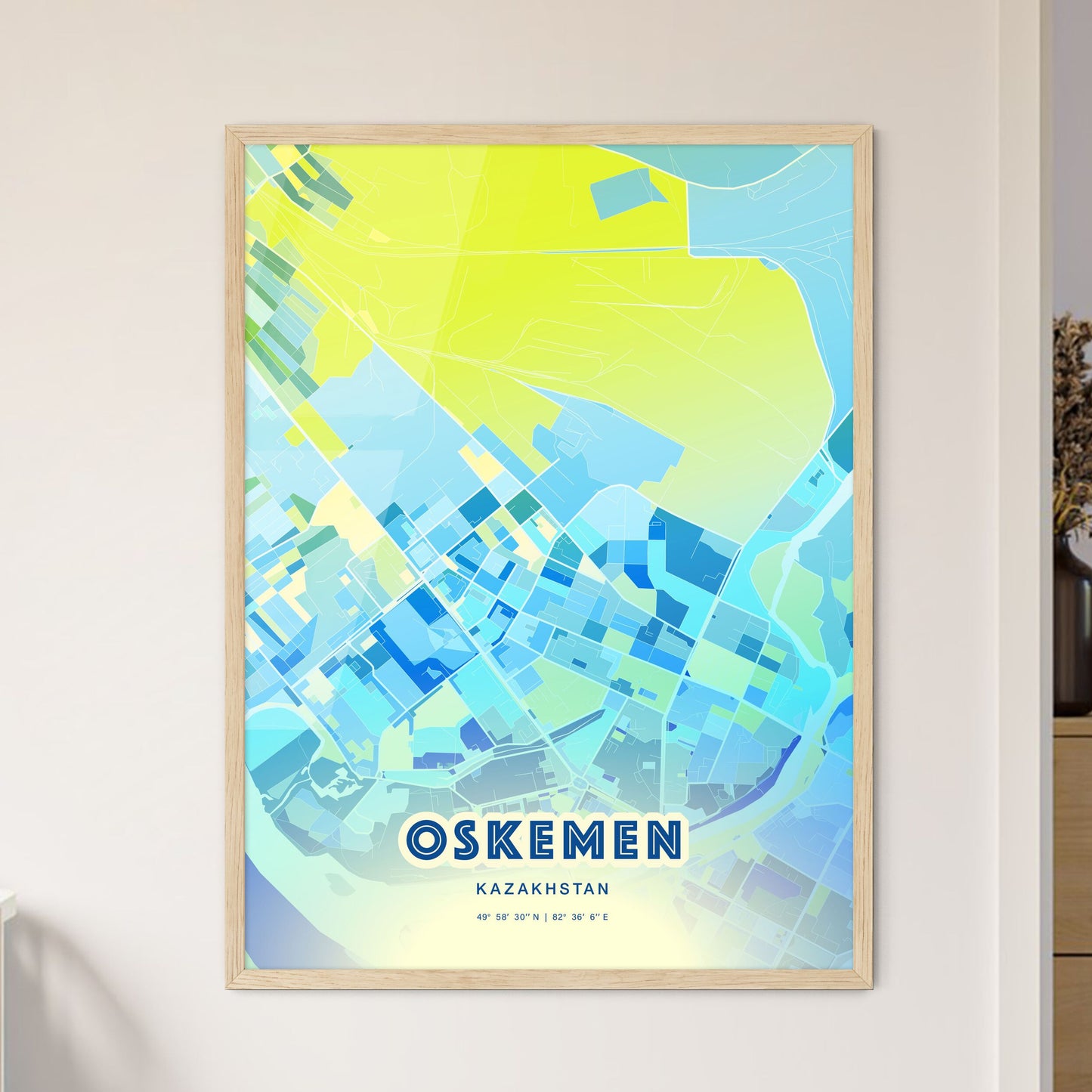 Colorful OSKEMEN KAZAKHSTAN Fine Art Map Cool Blue