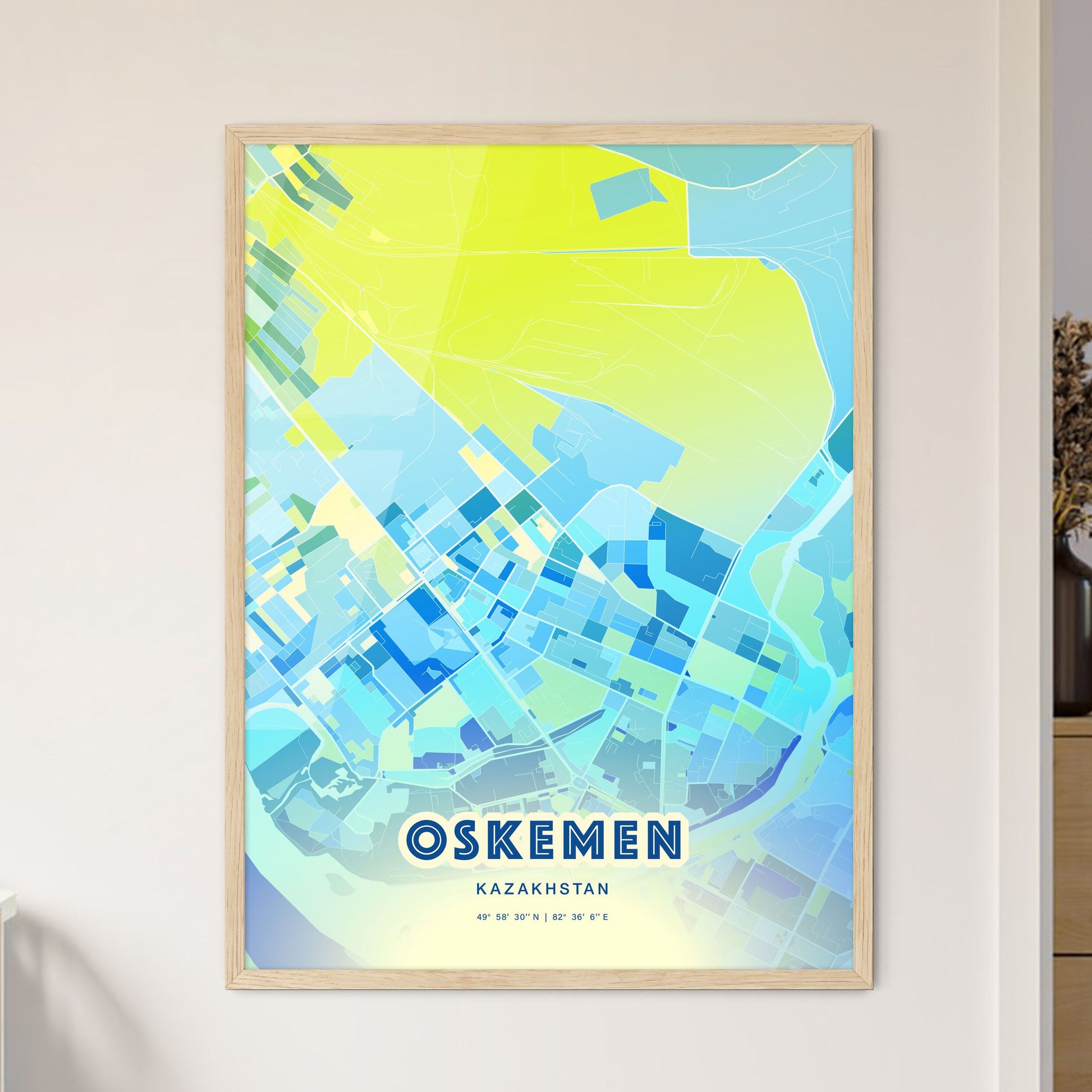 Colorful OSKEMEN KAZAKHSTAN Fine Art Map Cool Blue