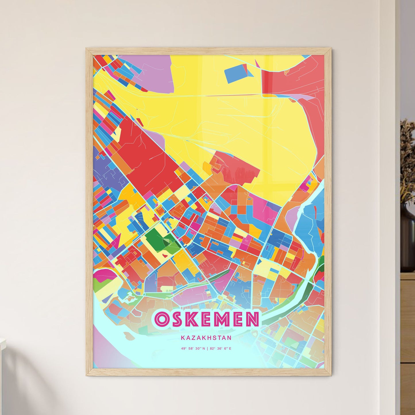 Colorful OSKEMEN KAZAKHSTAN Fine Art Map Crazy Colors