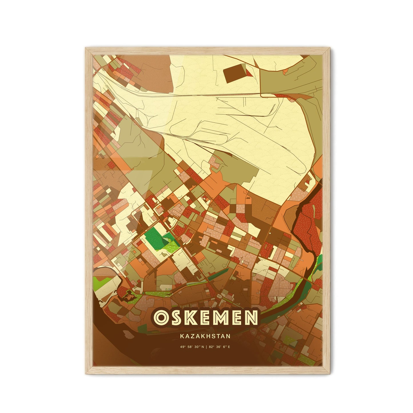 Colorful OSKEMEN KAZAKHSTAN Fine Art Map Farmhouse